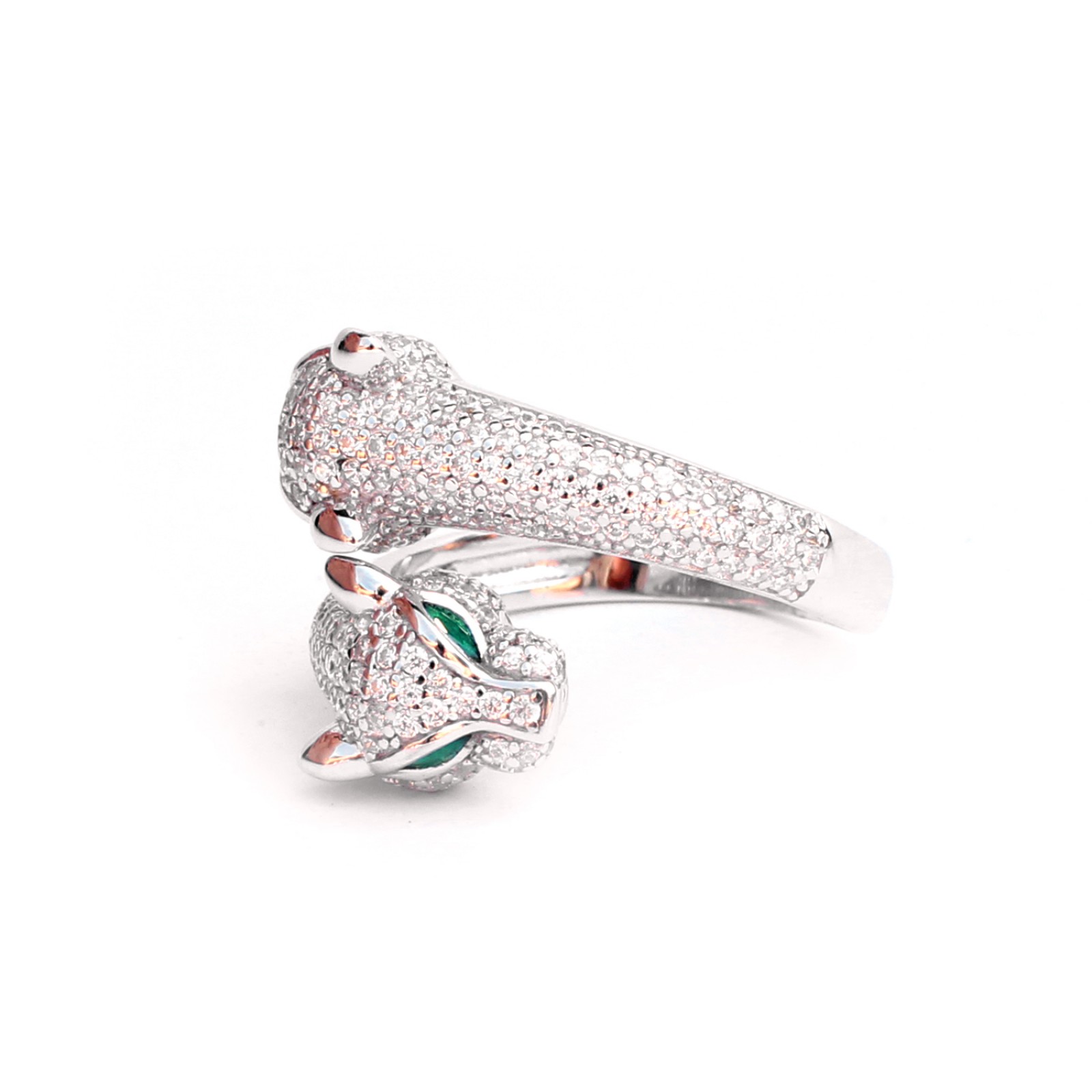 Photo of Sterling Silver Double Head Panther Cat Ring with Emerald Paste Eyes