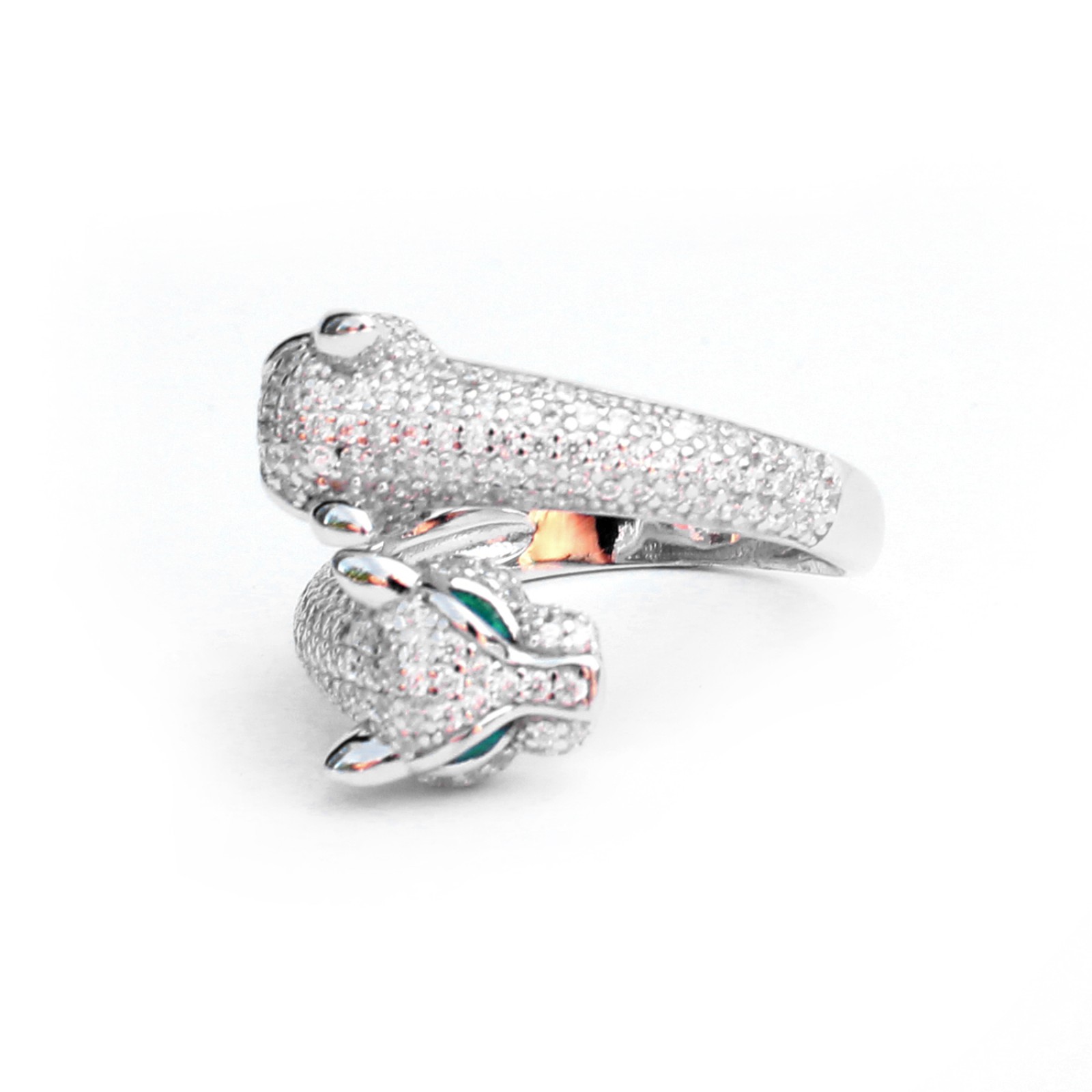 Photo of Sterling Silver Double Head Panther Cat Ring with Emerald Paste Eyes