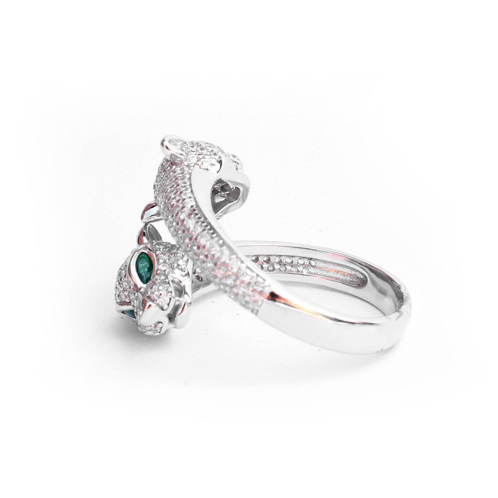 Photo of Sterling Silver Double Head Panther Cat Ring with Emerald Paste Eyes