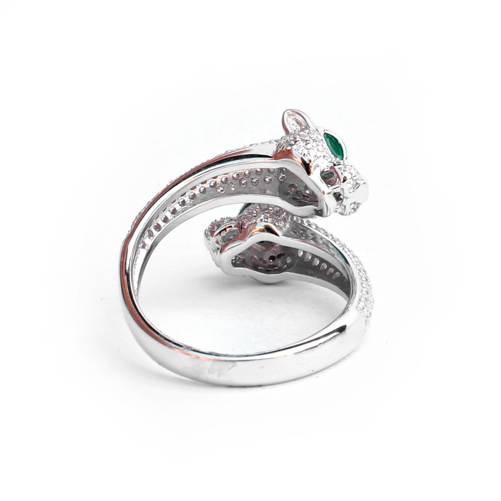 Photo of Sterling Silver Double Head Panther Cat Ring with Emerald Paste Eyes
