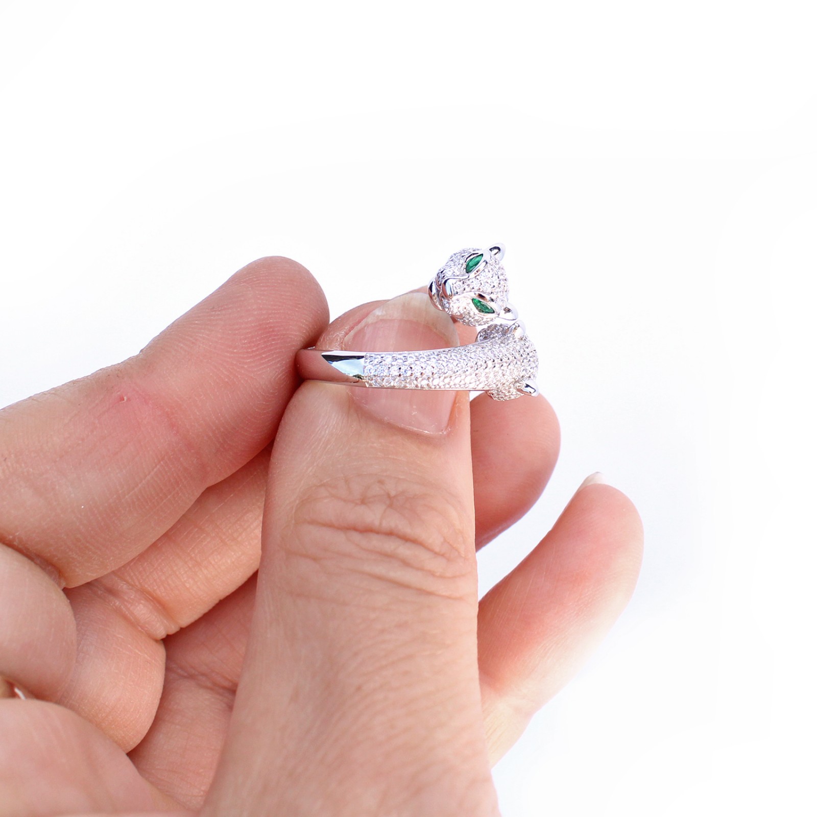 Photo of Sterling Silver Double Head Panther Cat Ring with Emerald Paste Eyes