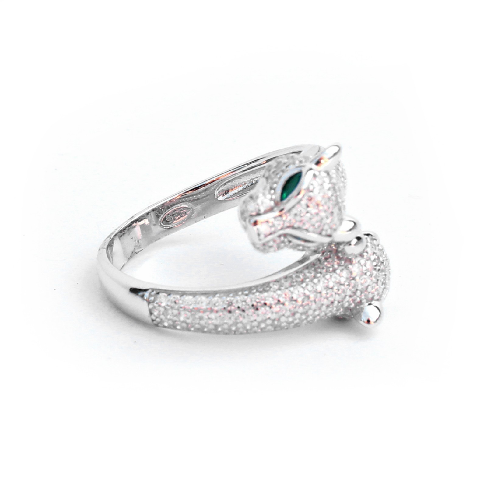 Photo of Sterling Silver Double Head Panther Cat Ring with Emerald Paste Eyes