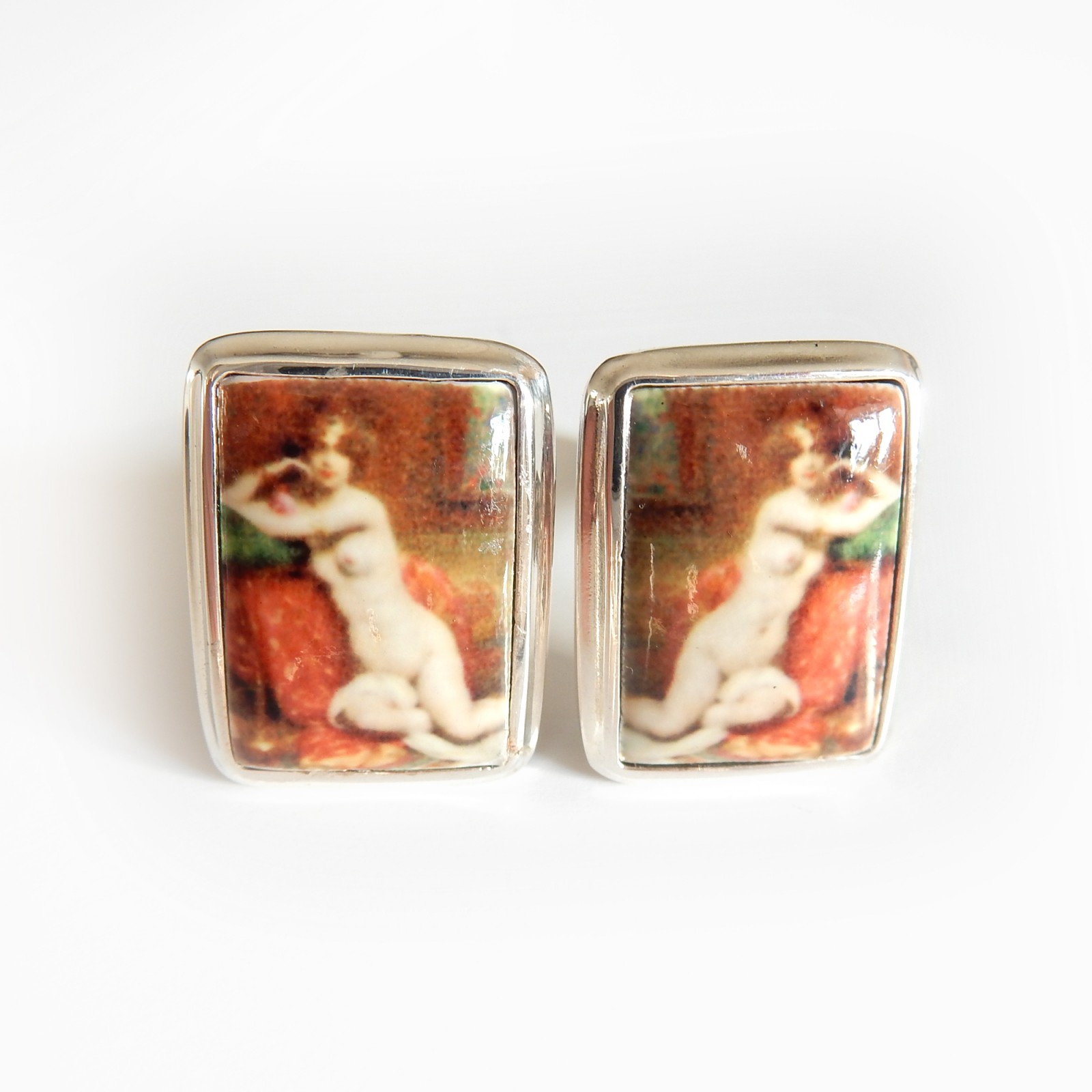 Photo of Sterling Silver Enamel Nude Lady Erotic Cufflinks Mens Jewelry