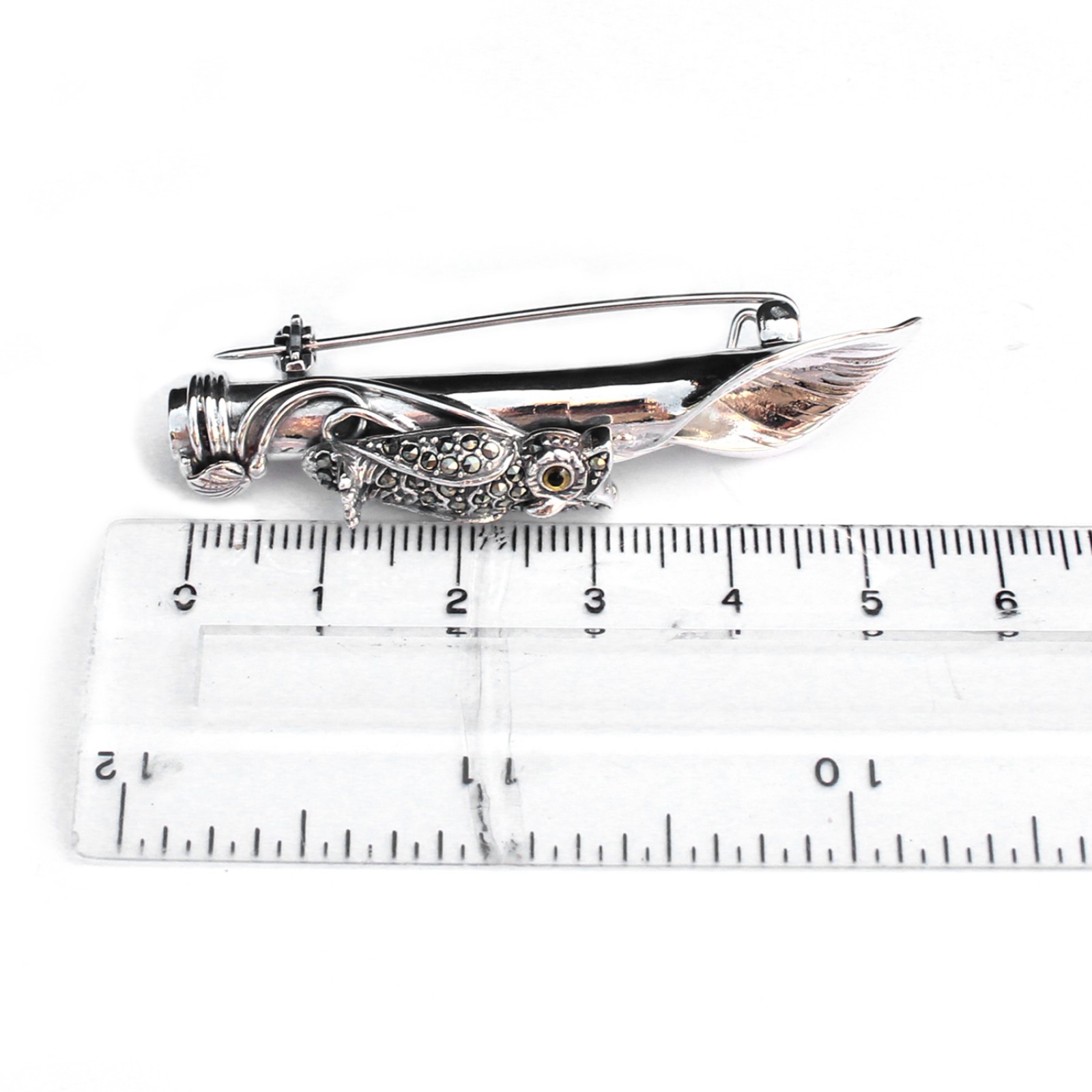 Photo of Sterling Silver Marcasite Owl Boutonnière Lapel Pin Posy Holder