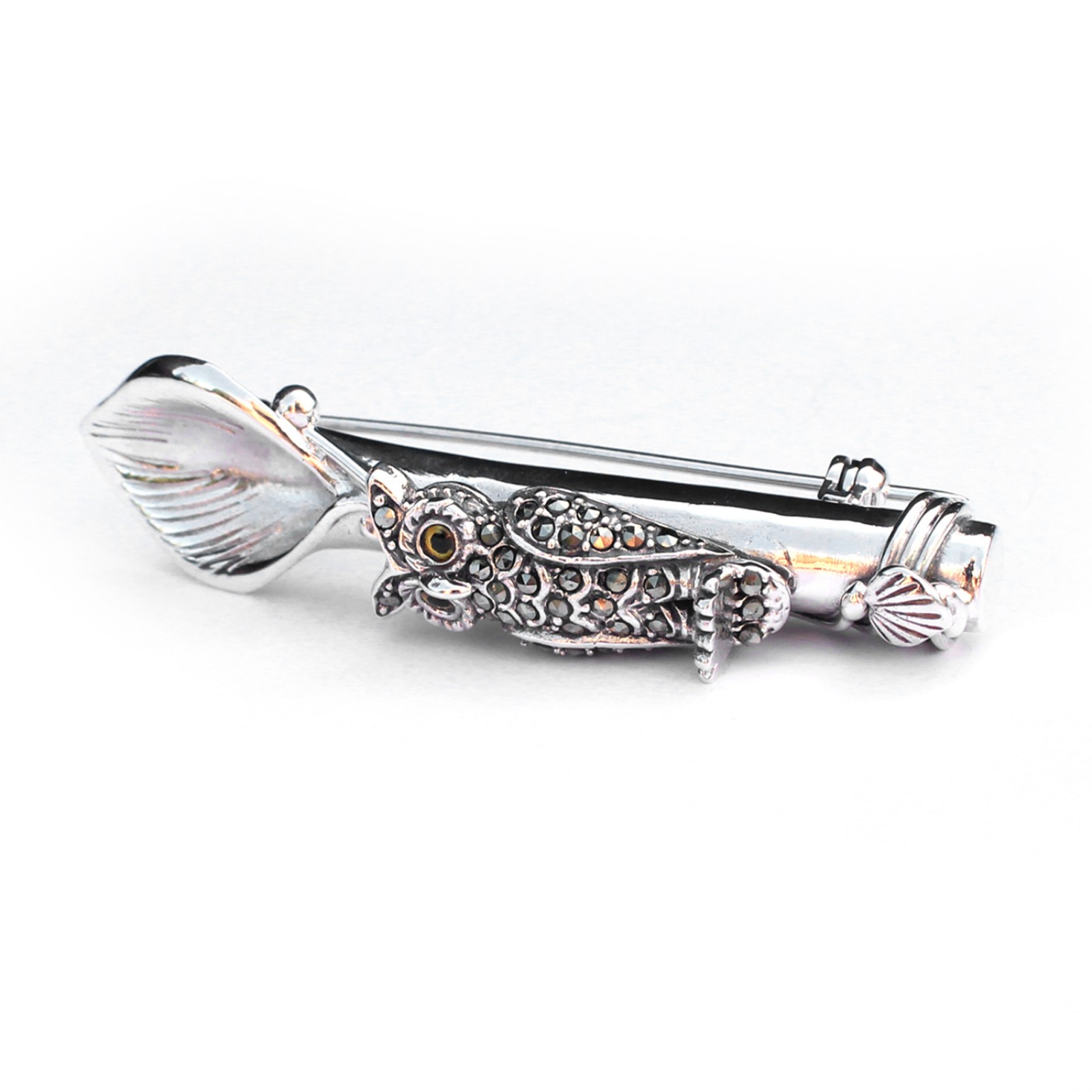 Photo of Sterling Silver Marcasite Owl Boutonnière Lapel Pin Posy Holder