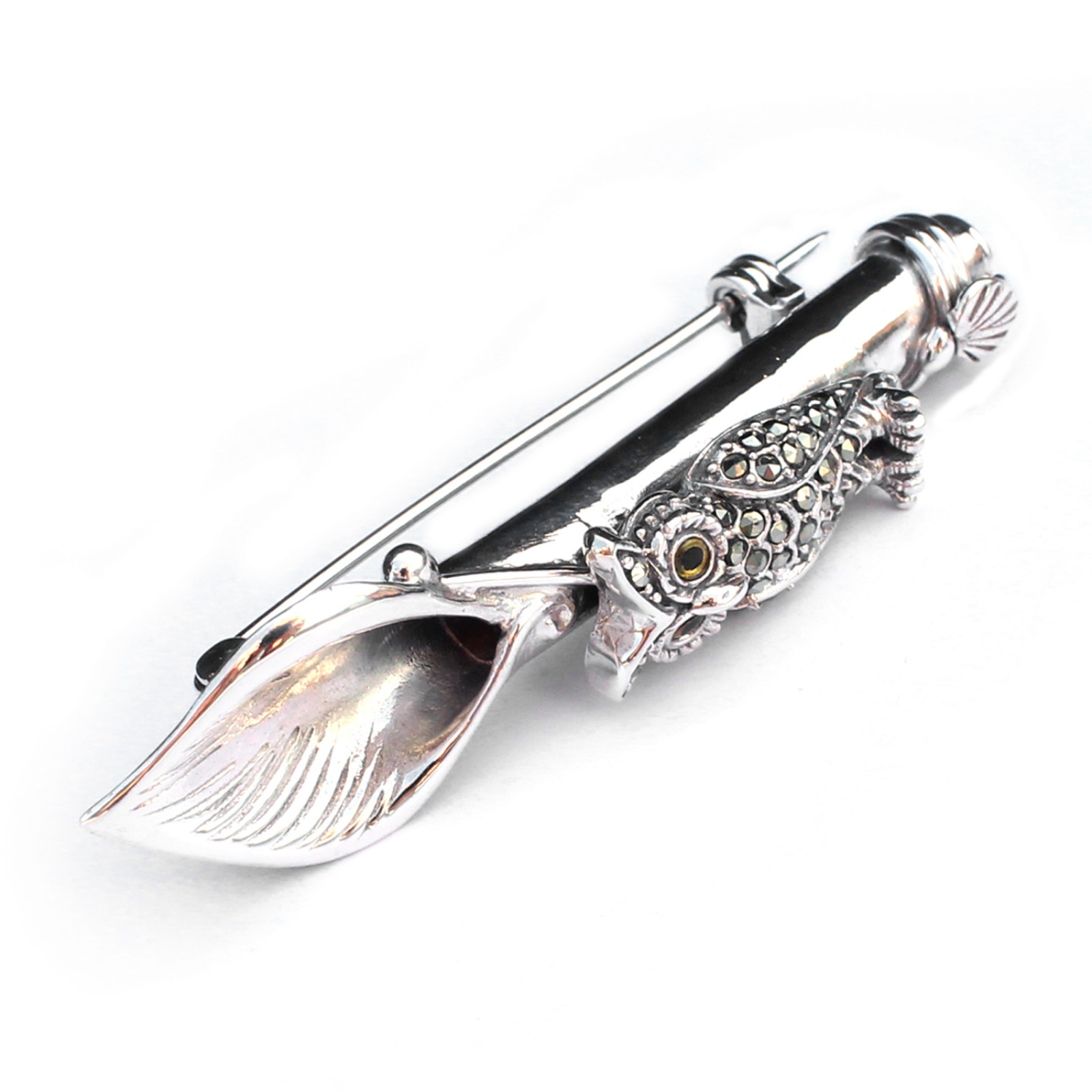 Photo of Sterling Silver Marcasite Owl Boutonnière Lapel Pin Posy Holder