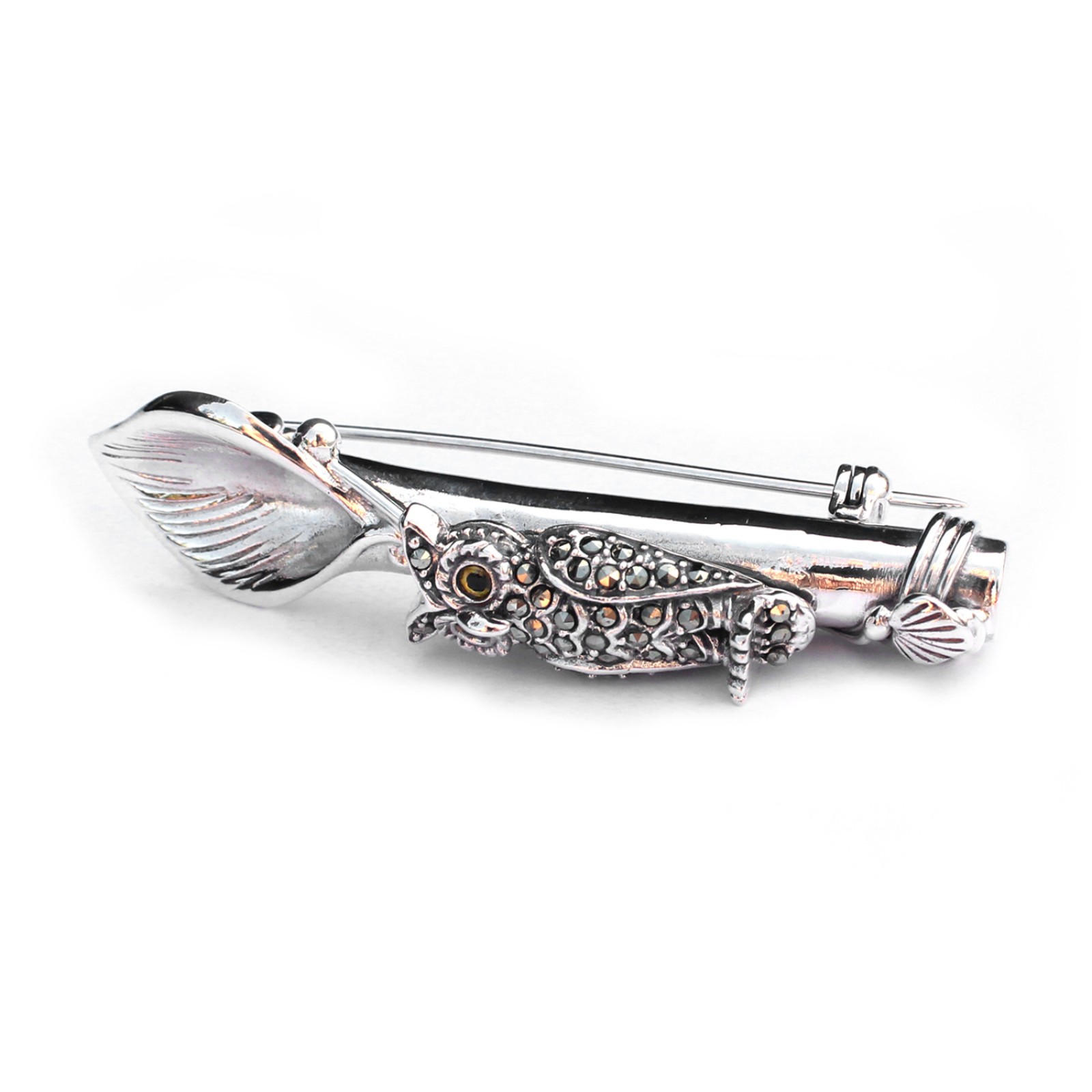 Photo of Sterling Silver Marcasite Owl Boutonnière Lapel Pin Posy Holder