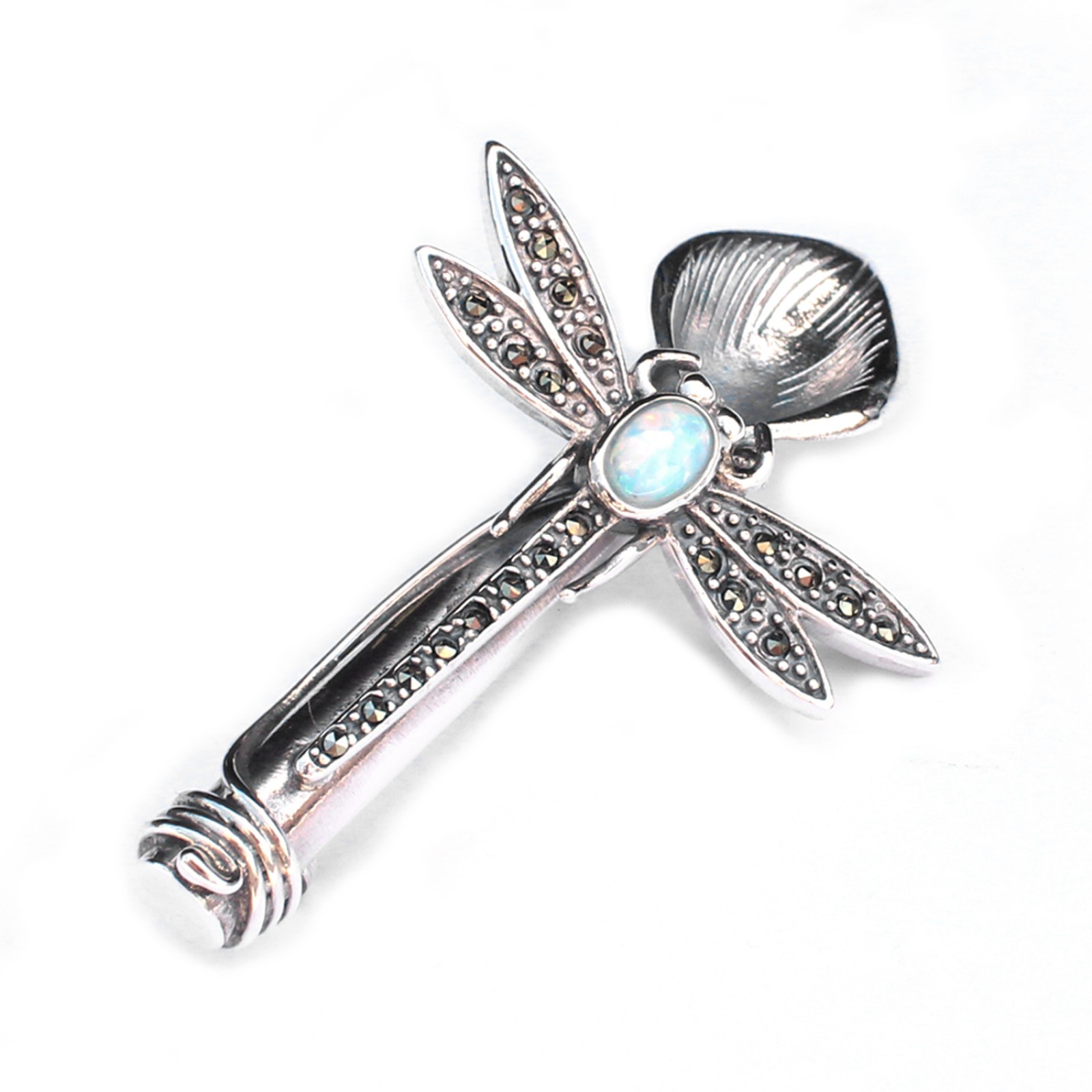 Photo of Sterling Silver Opal Marcasite Dragonfly Boutonnière Lapel Pin Posy Holder