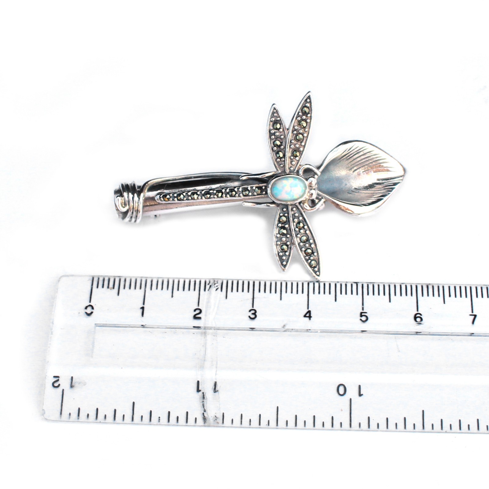 Photo of Sterling Silver Opal Marcasite Dragonfly Boutonnière Lapel Pin Posy Holder