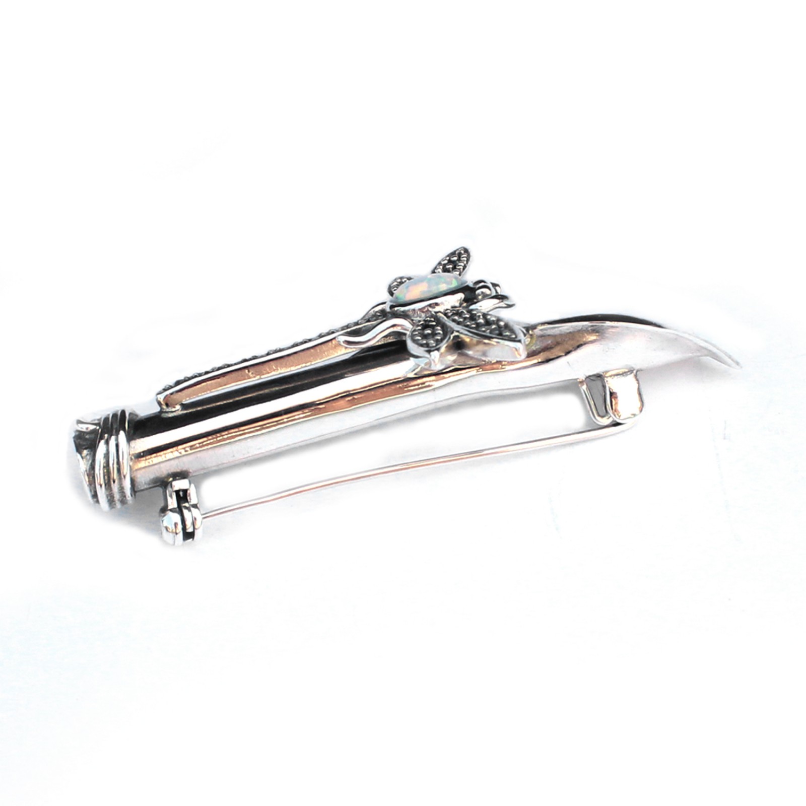 Photo of Sterling Silver Opal Marcasite Dragonfly Boutonnière Lapel Pin Posy Holder
