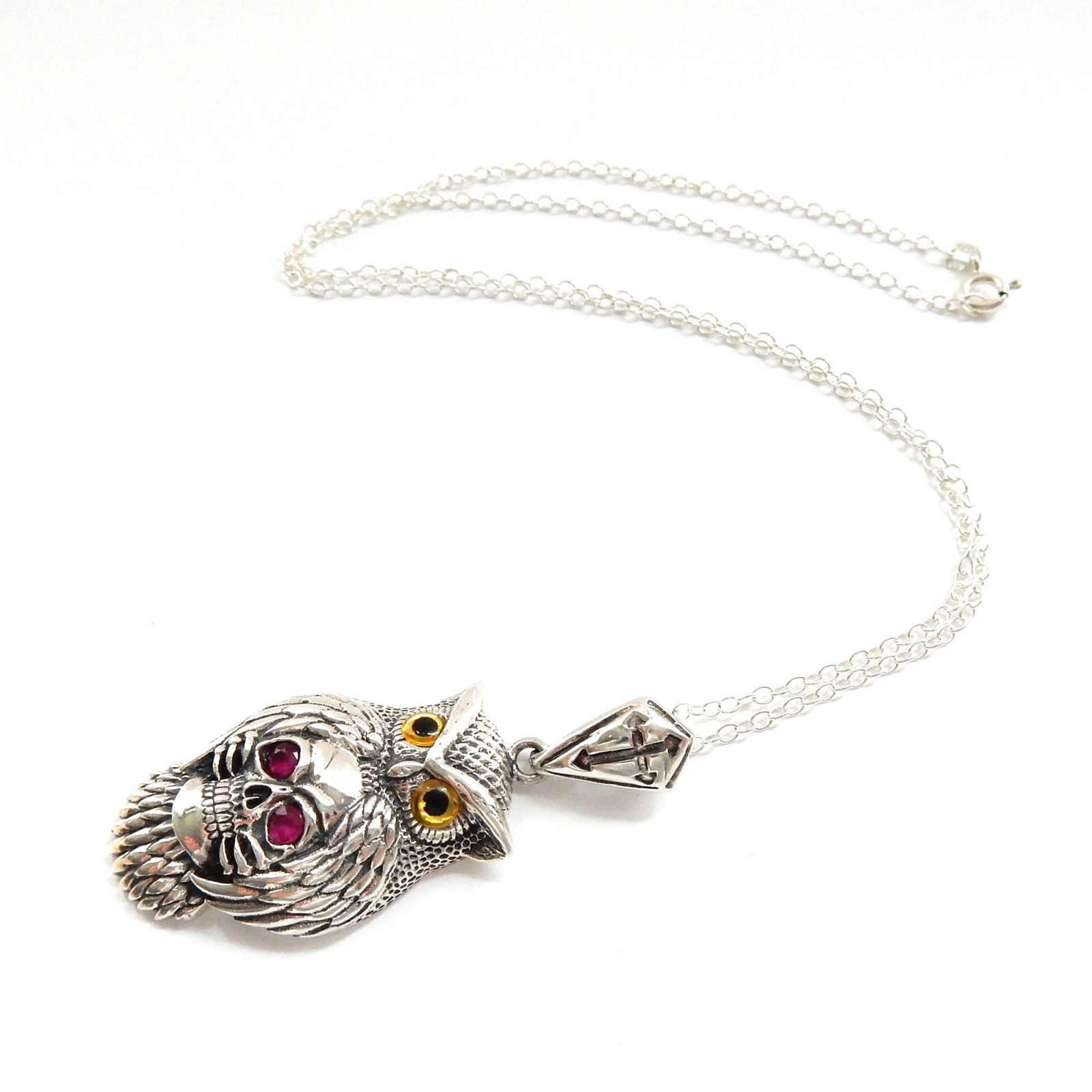 Photo of Sterling Silver Ruby Skull Owl Pendant Necklace