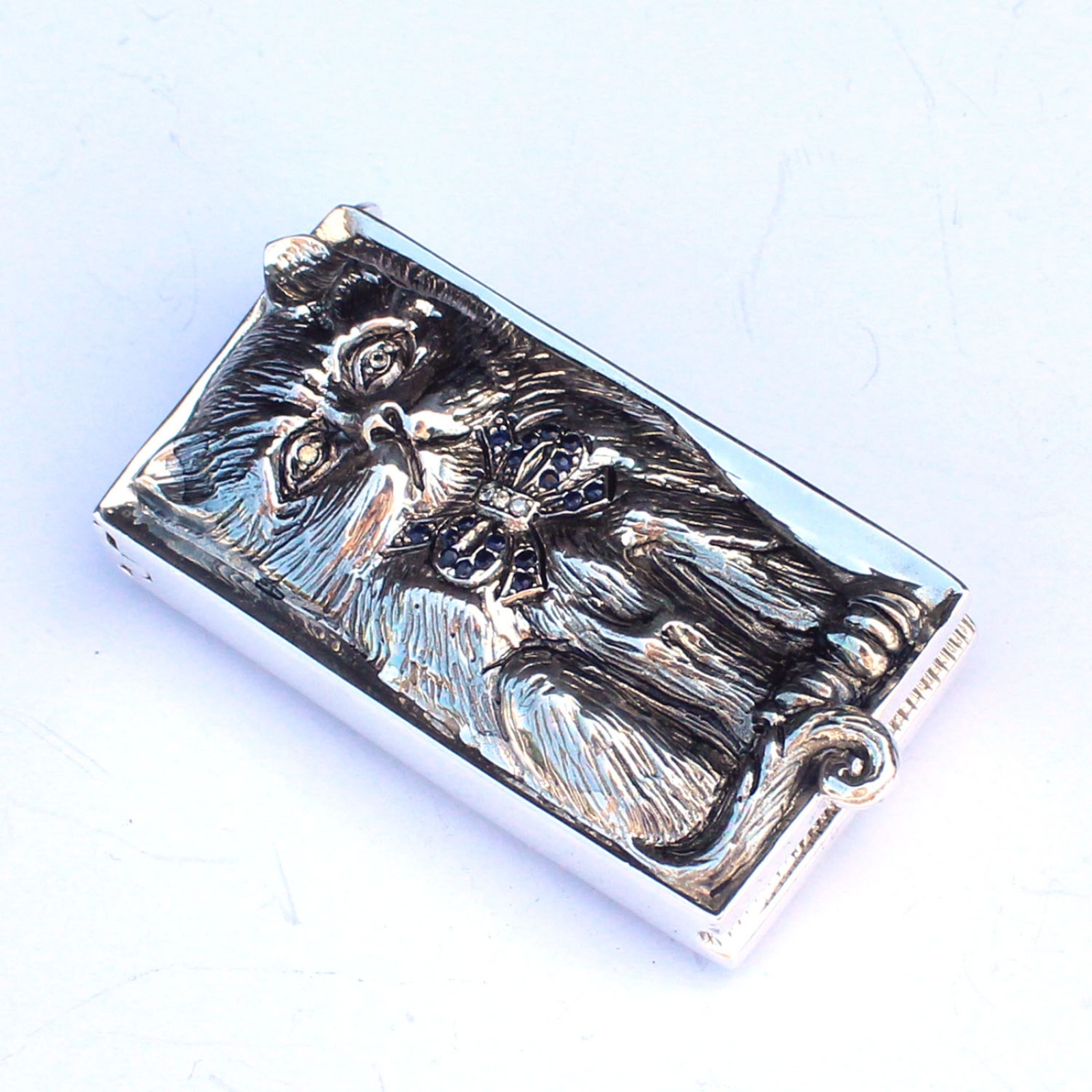 Photo of Sterling Silver Sapphire & Diamond Cat Vesta Match Safe Container Box