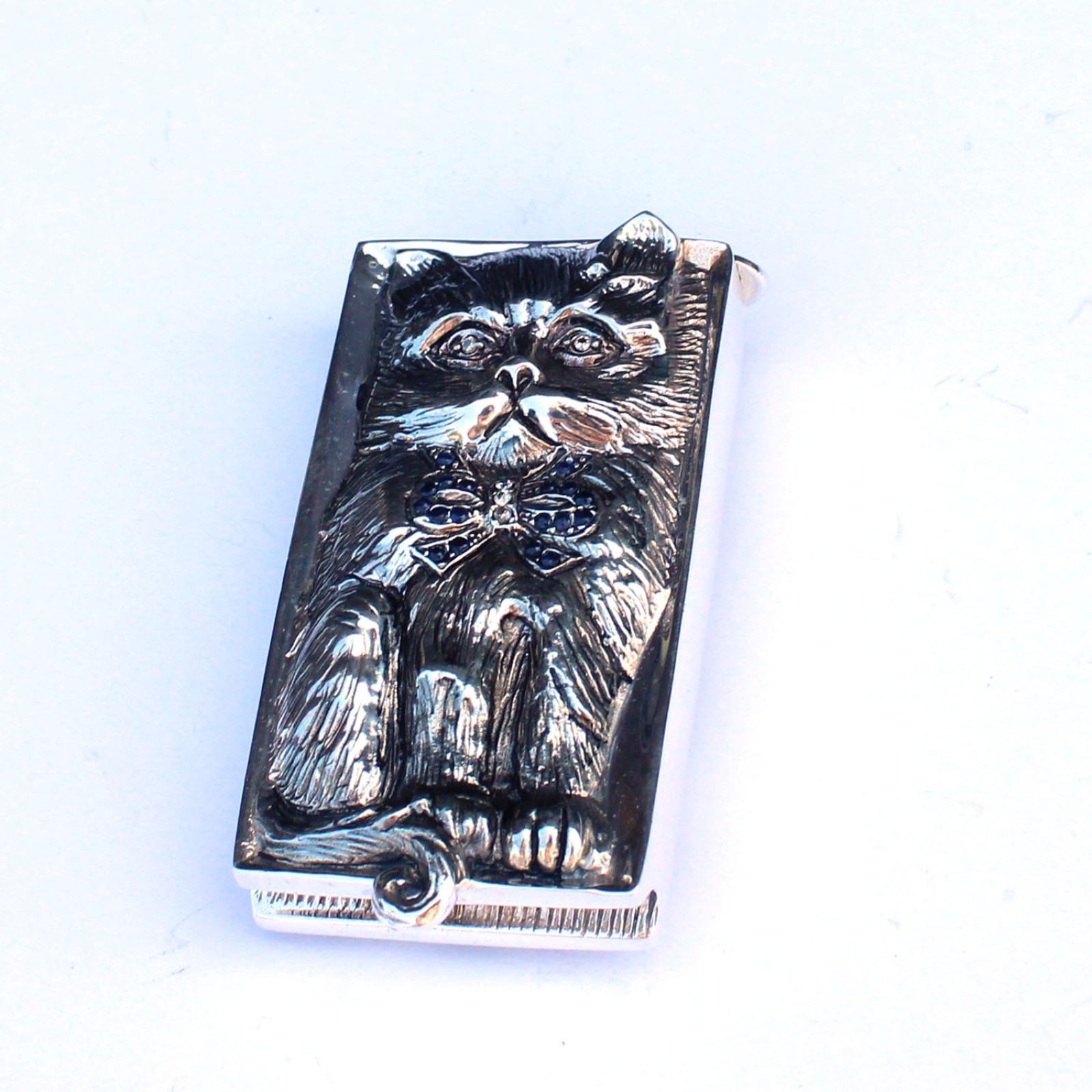 Photo of Sterling Silver Sapphire & Diamond Cat Vesta Match Safe Container Box