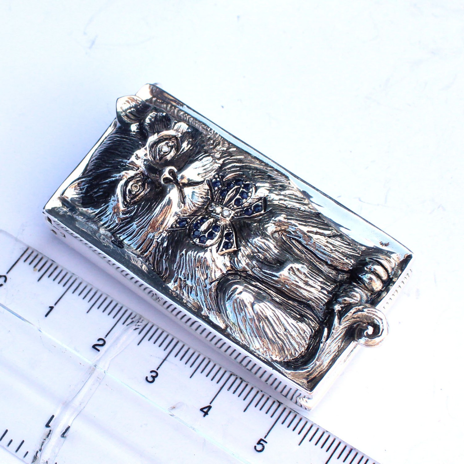 Photo of Sterling Silver Sapphire & Diamond Cat Vesta Match Safe Container Box