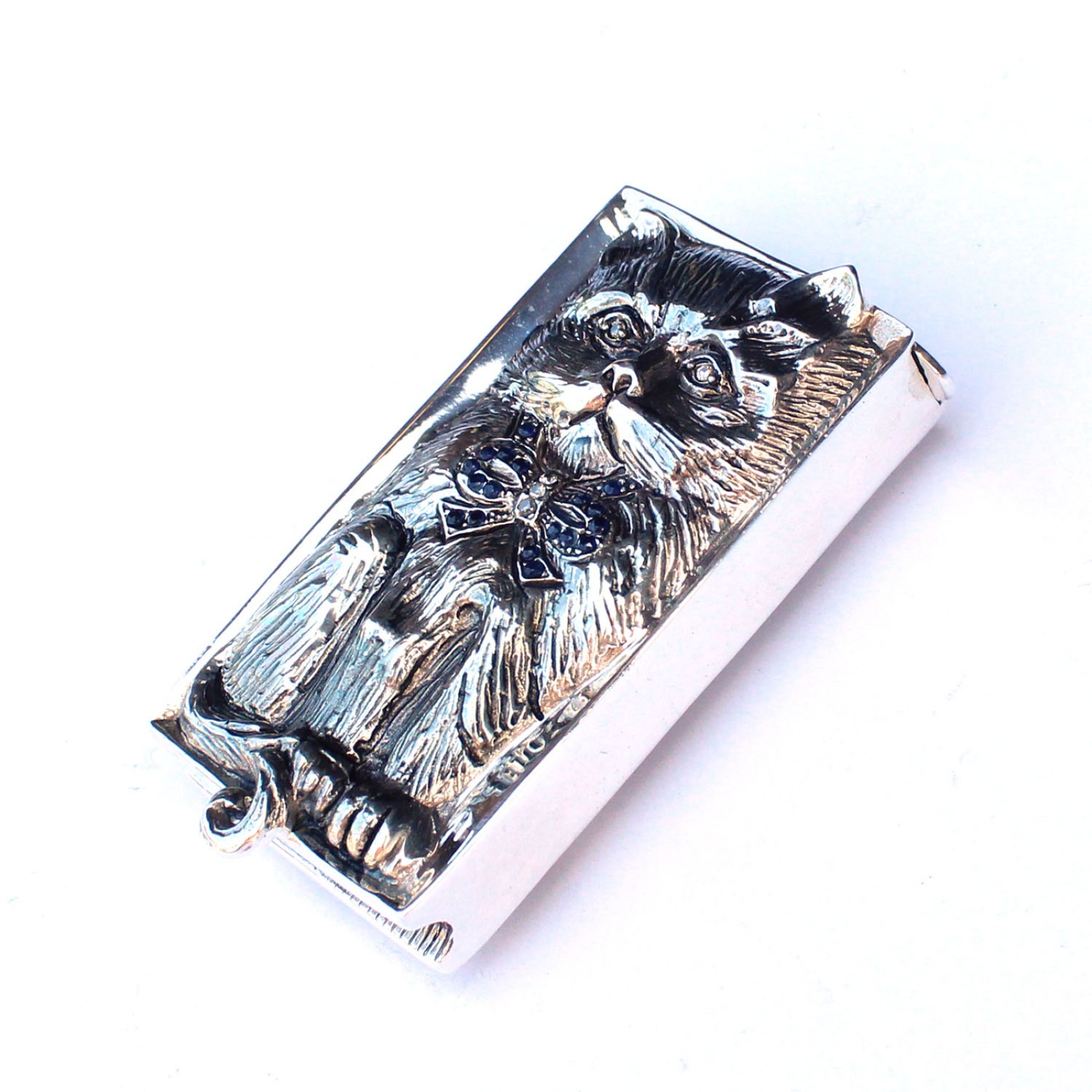 Photo of Sterling Silver Sapphire & Diamond Cat Vesta Match Safe Container Box
