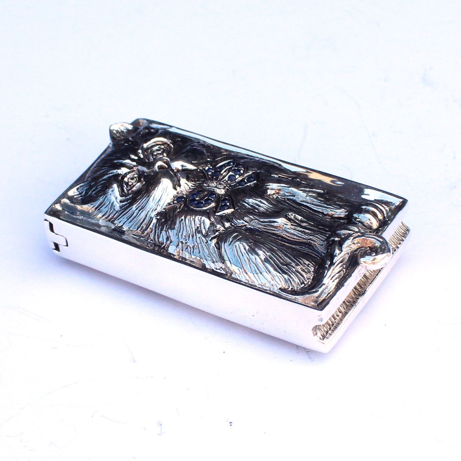 Photo of Sterling Silver Sapphire & Diamond Cat Vesta Match Safe Container Box