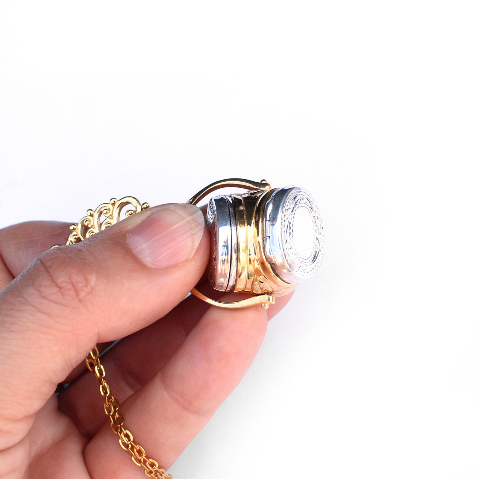 Photo of Sterling Silver Spinner Fob 3 Photo Locket Pendant with 16inch Silver Chain