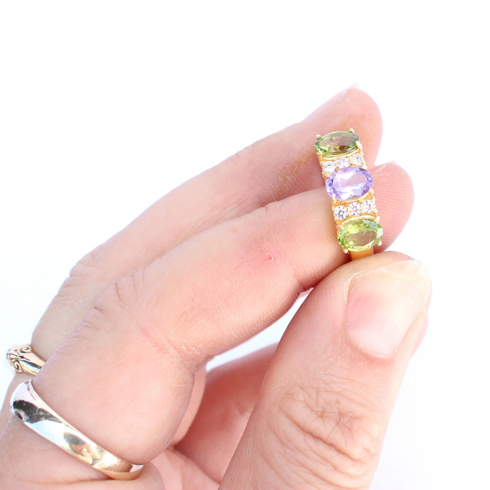 Photo of Sterling Silver Vermeil Amethyst Peridot Trilogy Ring