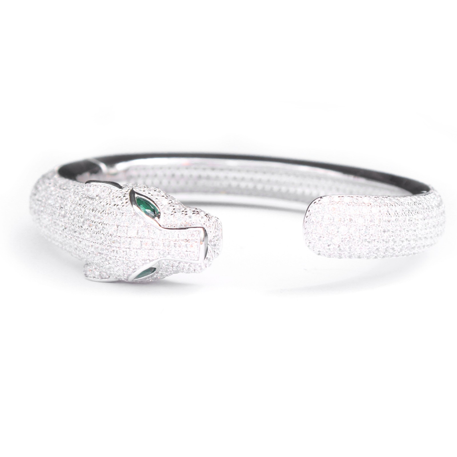 Photo of Sterling Silver With Emerald Glass & Cubic Zirconia Hinged Open Cuff Bangle Bracelet