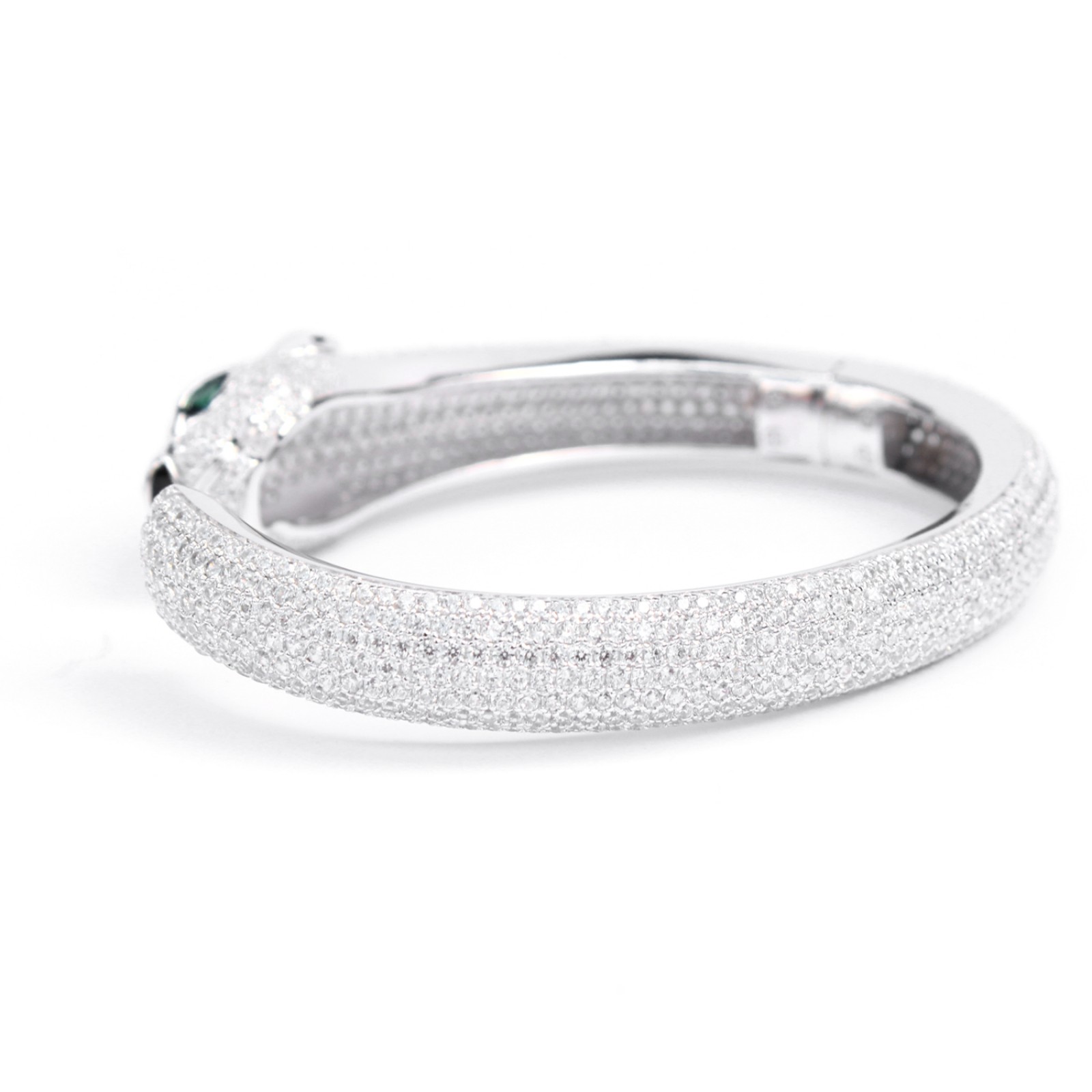 Photo of Sterling Silver With Emerald Glass & Cubic Zirconia Hinged Open Cuff Bangle Bracelet