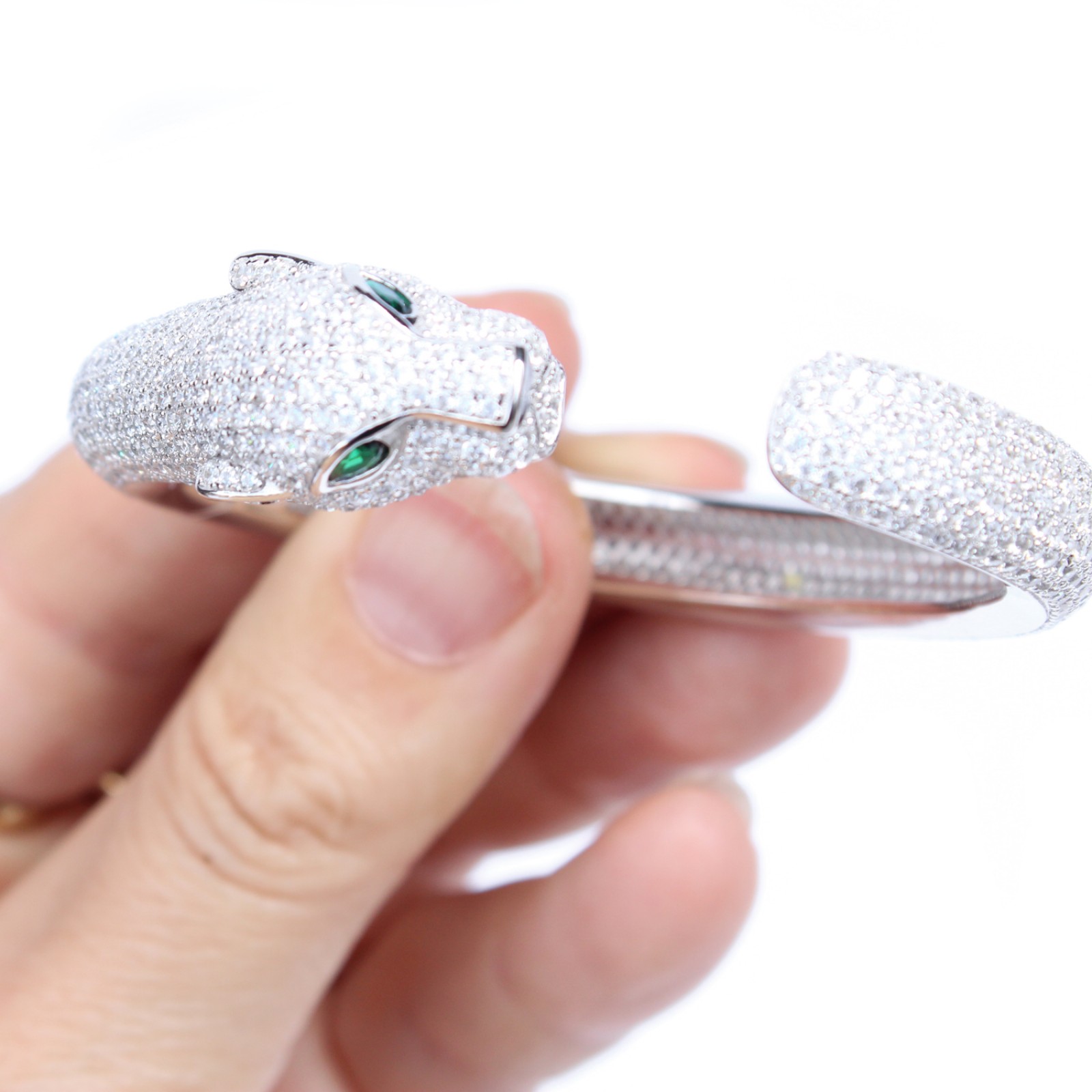 Photo of Sterling Silver With Emerald Glass & Cubic Zirconia Hinged Open Cuff Bangle Bracelet