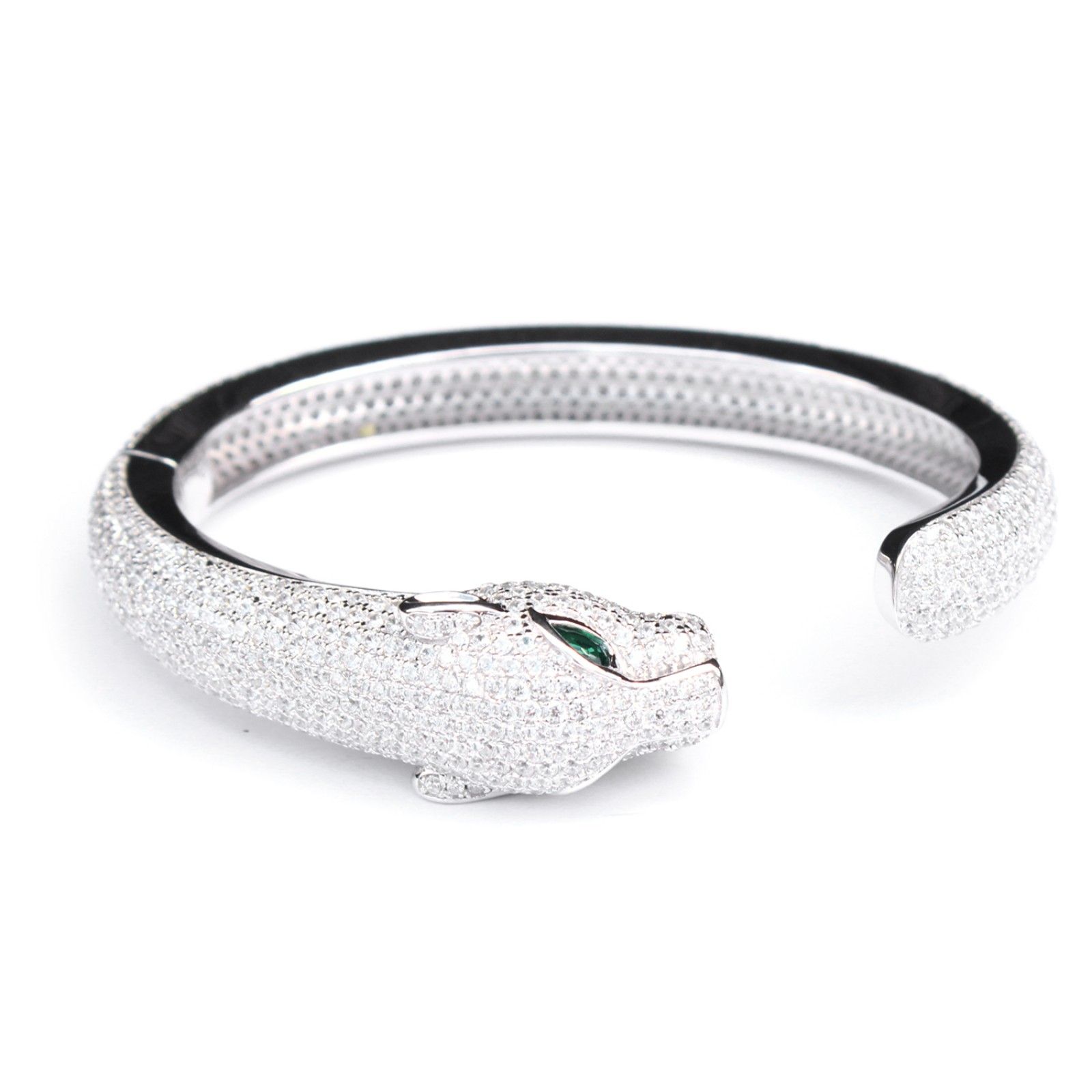 Photo of Sterling Silver With Emerald Glass & Cubic Zirconia Hinged Open Cuff Bangle Bracelet