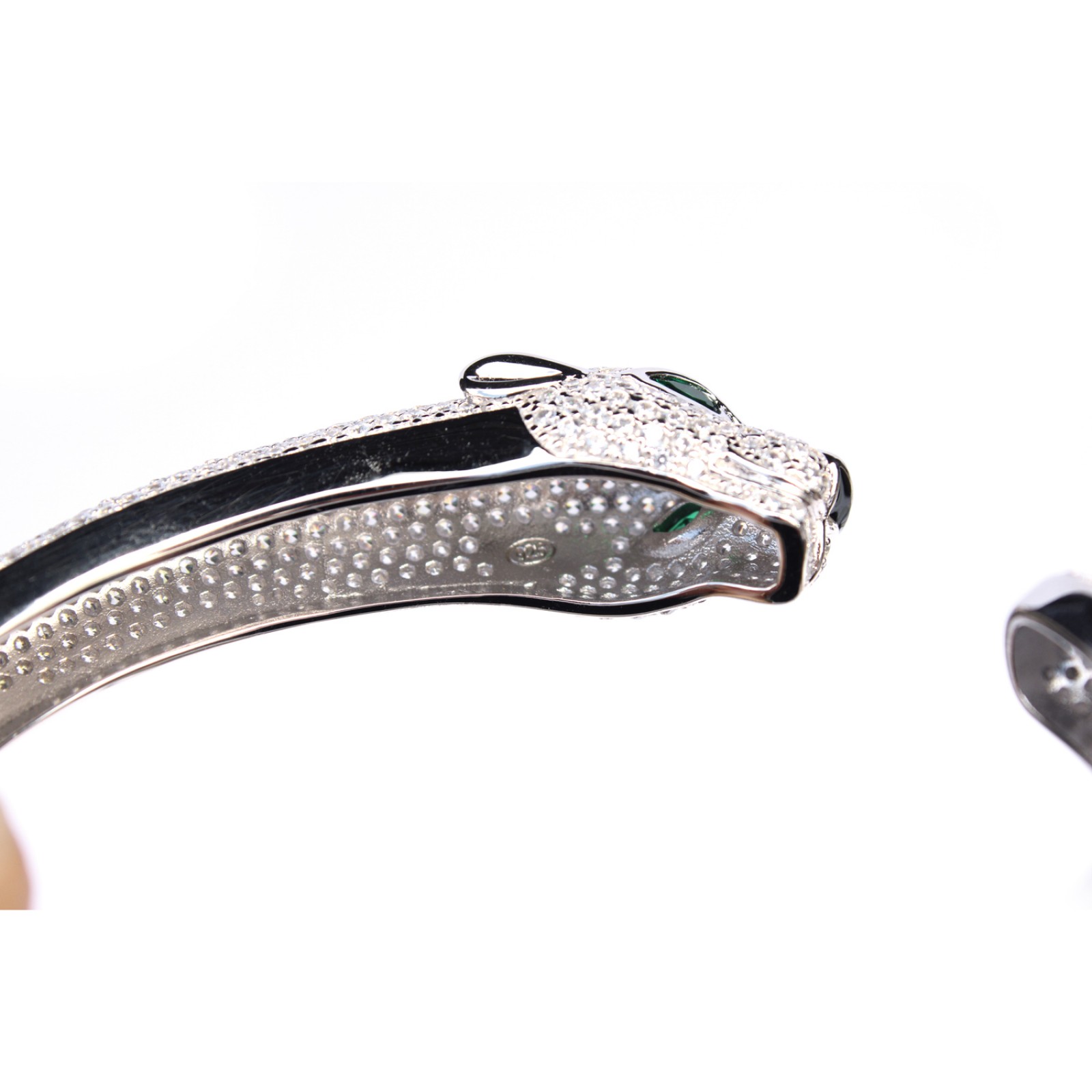 Photo of Sterling Silver With Emerald Glass & Cubic Zirconia Hinged Open Cuff Bangle Bracelet