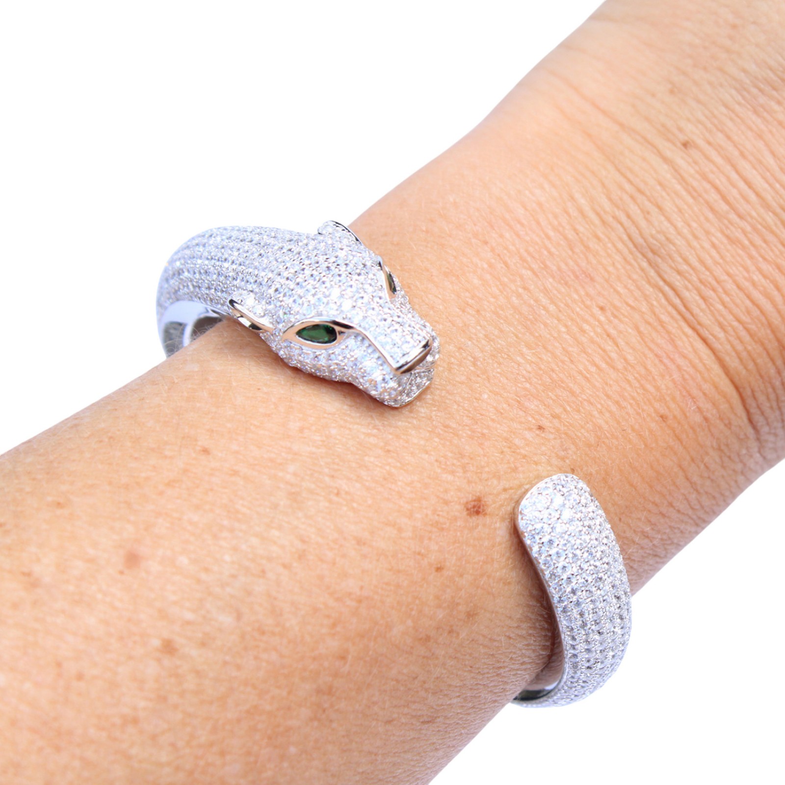 Photo of Sterling Silver With Emerald Glass & Cubic Zirconia Hinged Open Cuff Bangle Bracelet