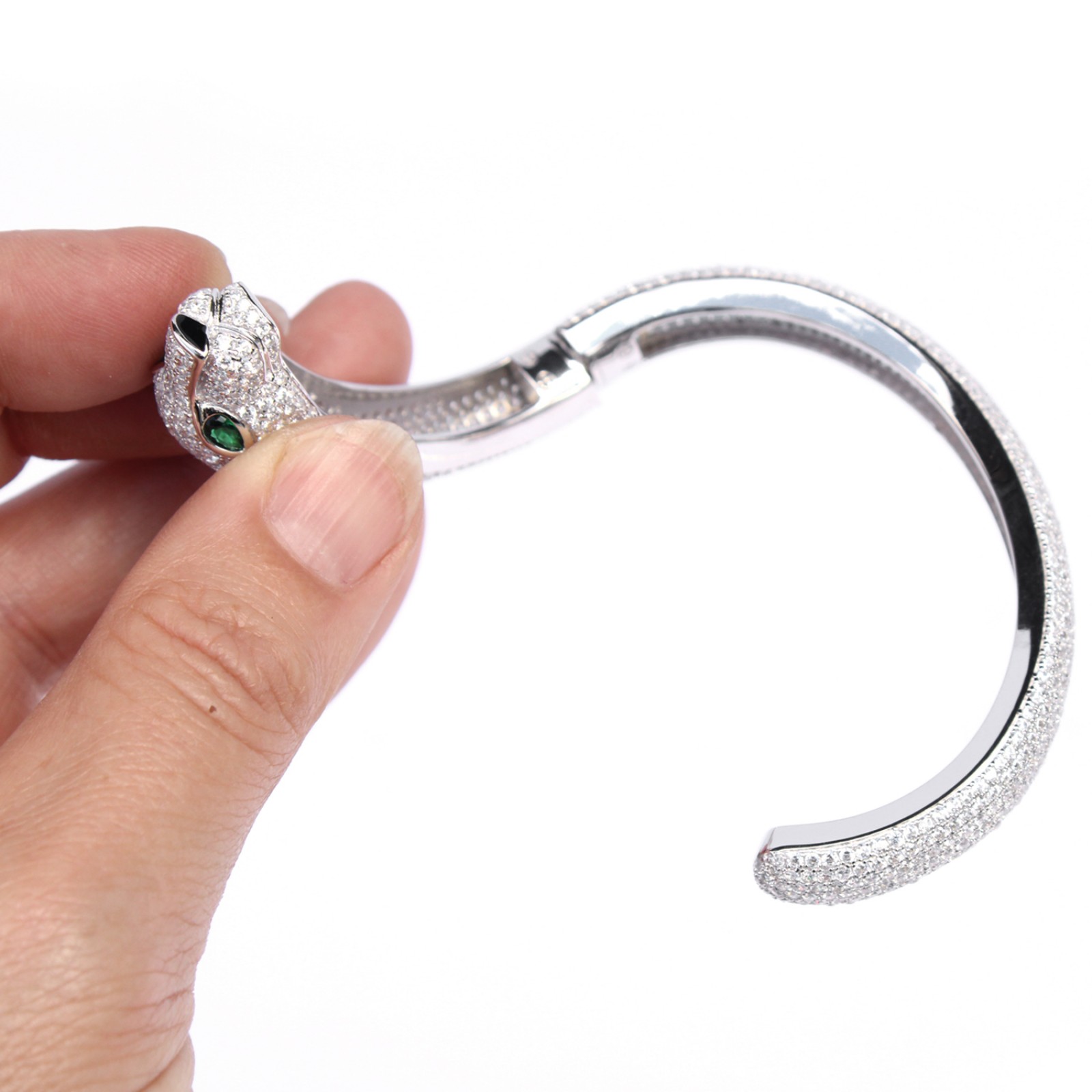 Photo of Sterling Silver With Emerald Glass & Cubic Zirconia Hinged Open Cuff Bangle Bracelet
