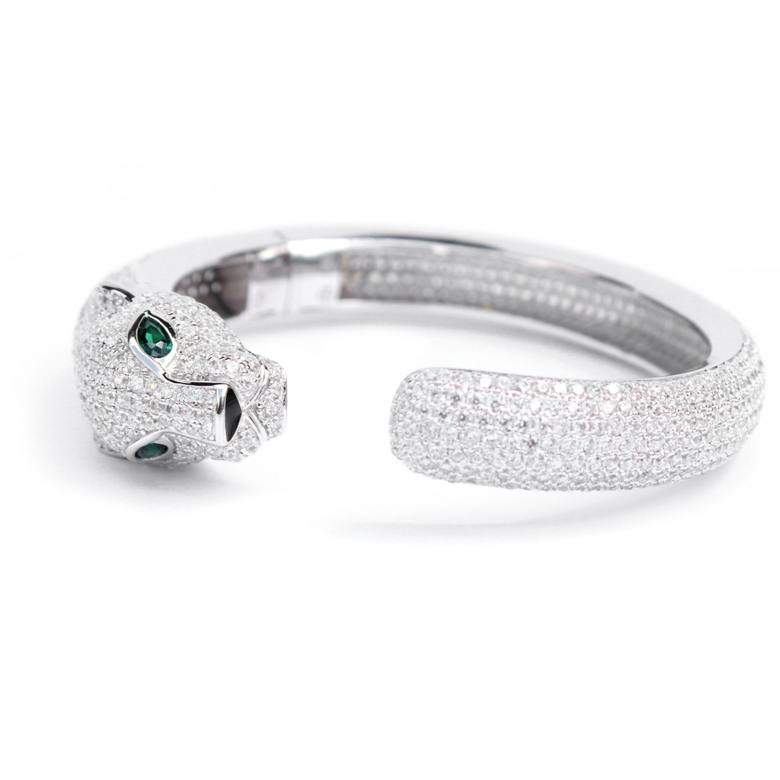 Photo of Sterling Silver With Emerald Glass & Cubic Zirconia Hinged Open Cuff Bangle Bracelet