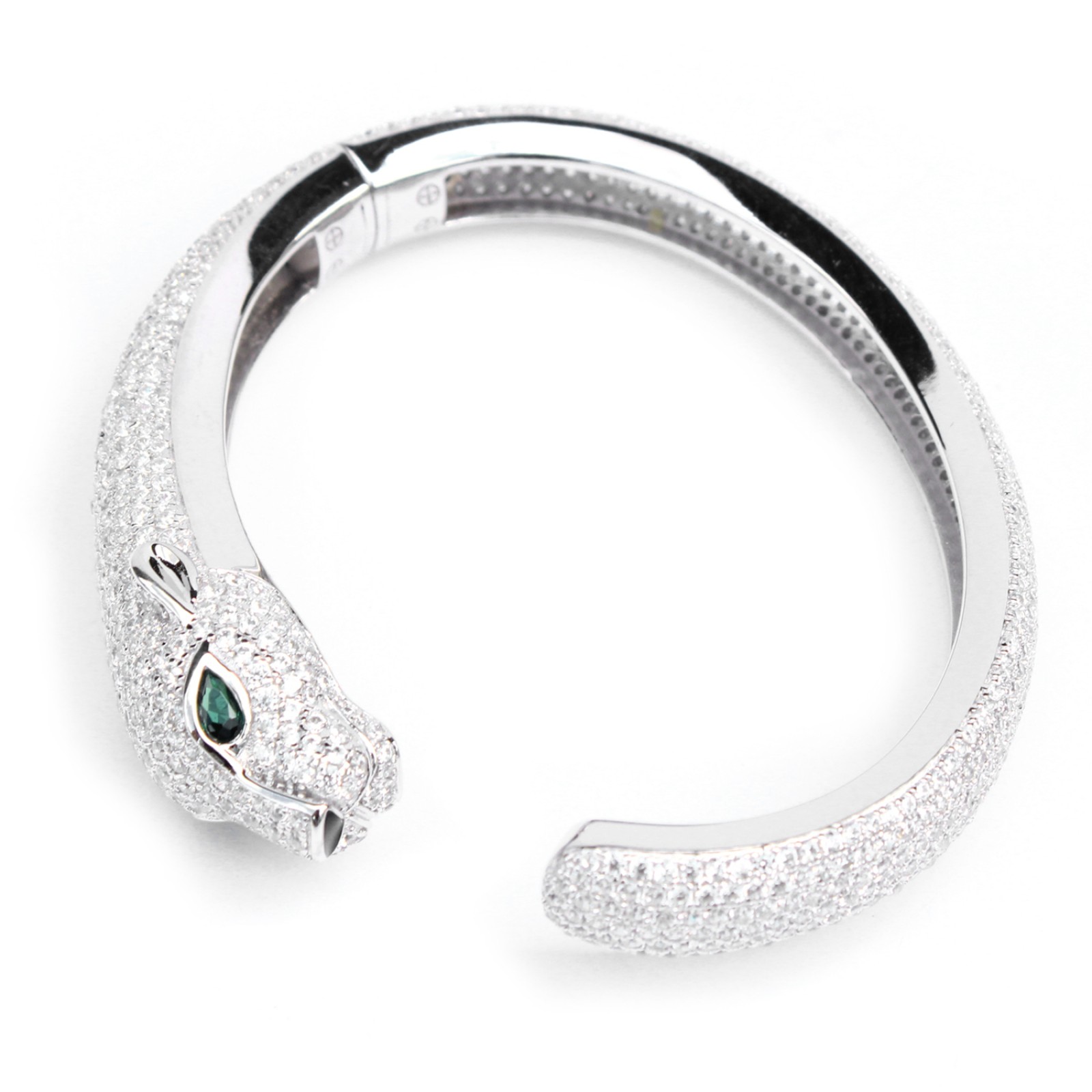 Photo of Sterling Silver With Emerald Glass & Cubic Zirconia Hinged Open Cuff Bangle Bracelet