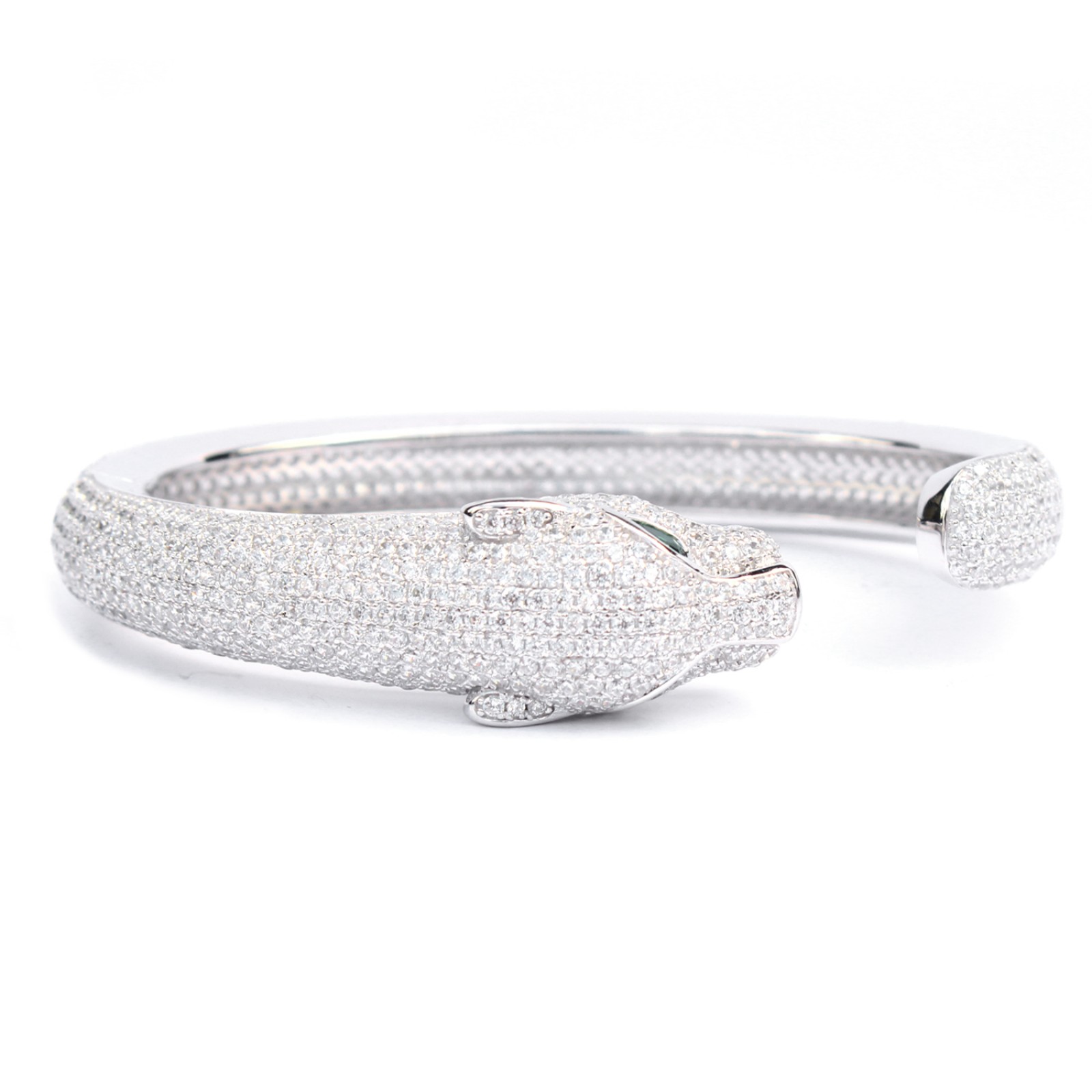 Photo of Sterling Silver With Emerald Glass & Cubic Zirconia Hinged Open Cuff Bangle Bracelet
