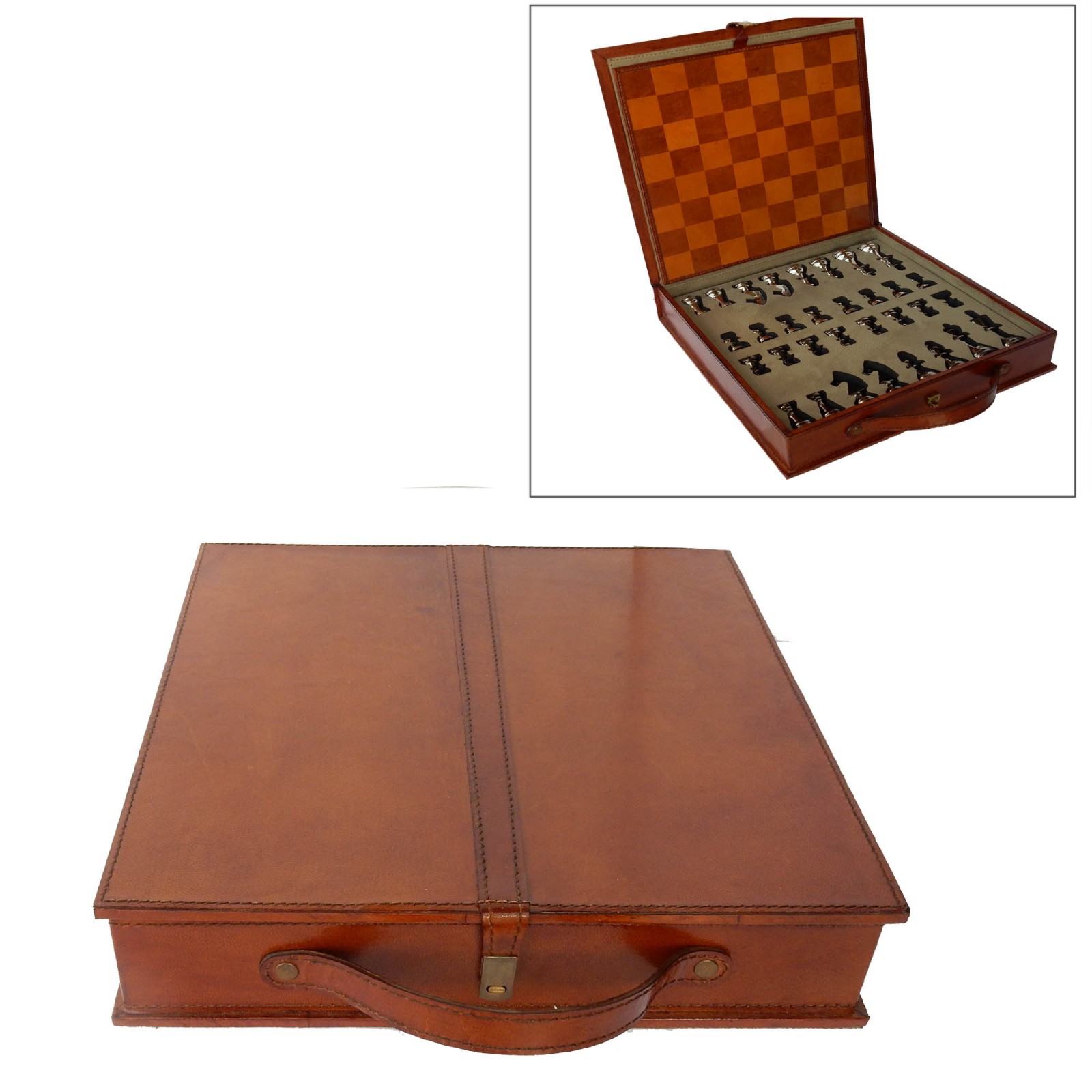 Photo of Tan Leather Boxed Chess Set Chess Board Hand Crafted