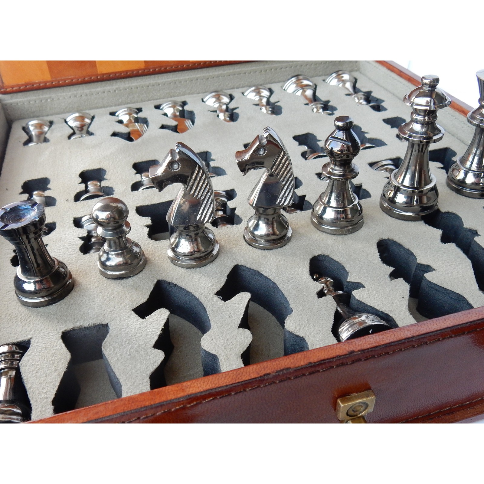 Photo of Tan Leather Boxed Chess Set Chess Board Hand Crafted