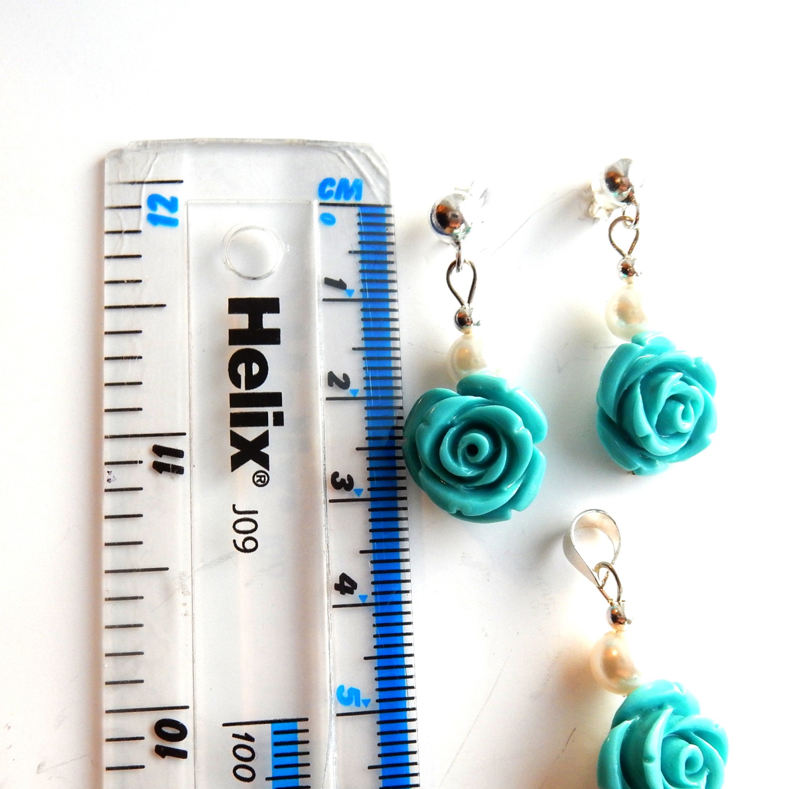 Photo of Turquoise Pearl Flower Earrings Pendant Jewelery Set Sterling Silver