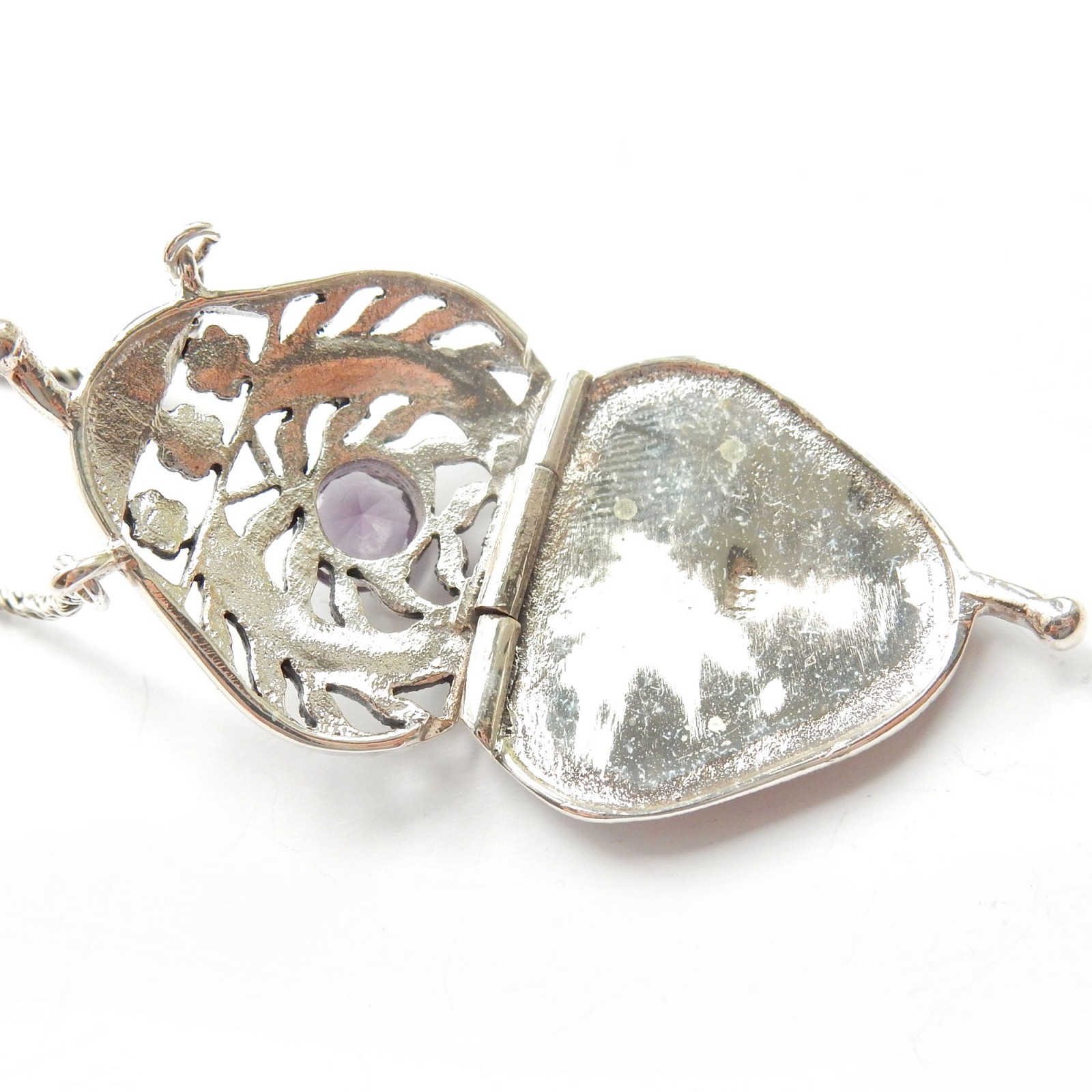 Photo of Vintage Amethyst Glass Marcasite Filigree Purse Locket Necklace Sterling Silver
