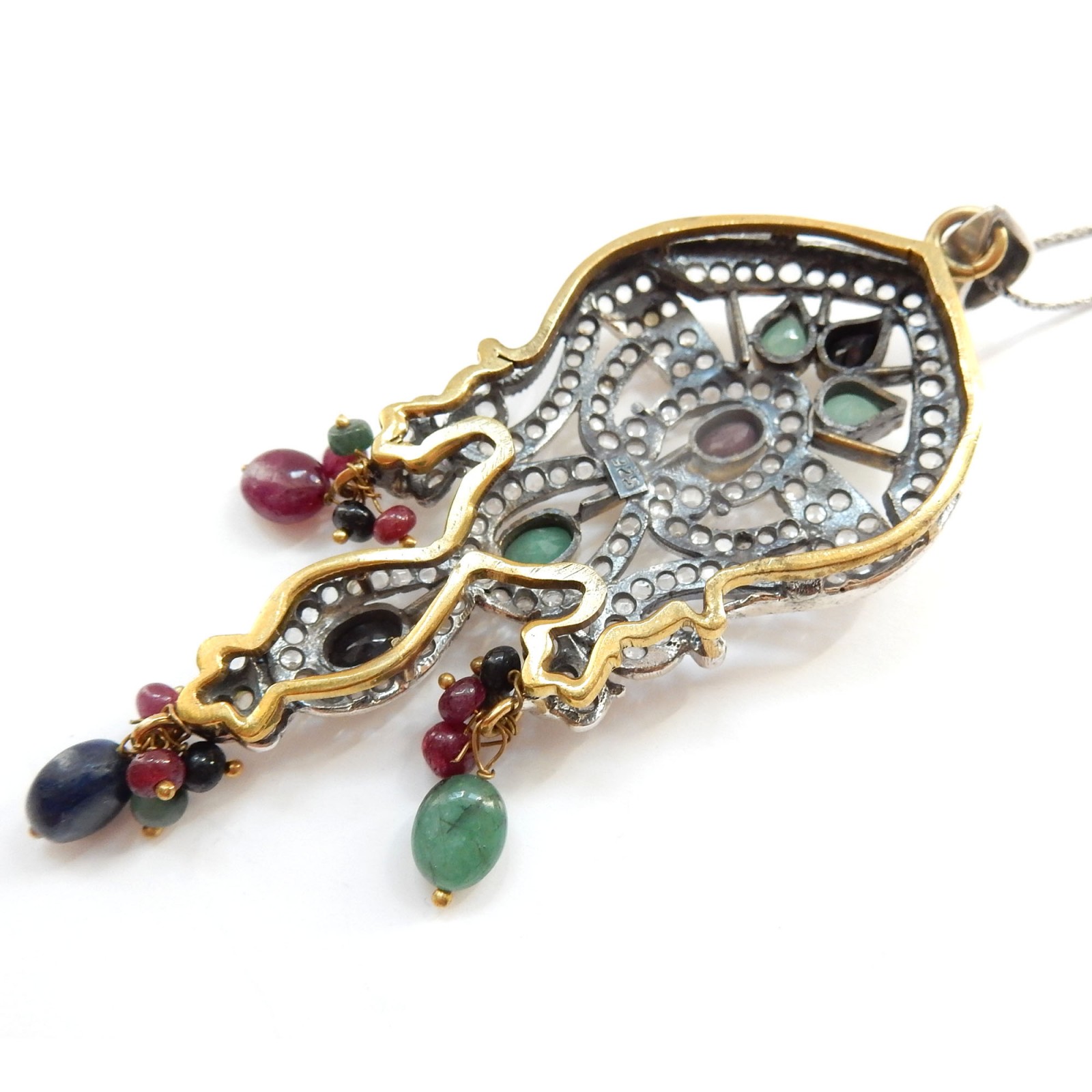 Photo of Vintage Art Deco Emerald Ruby Sapphire Lavalier Necklace Sterling Silver Fine Jewelry