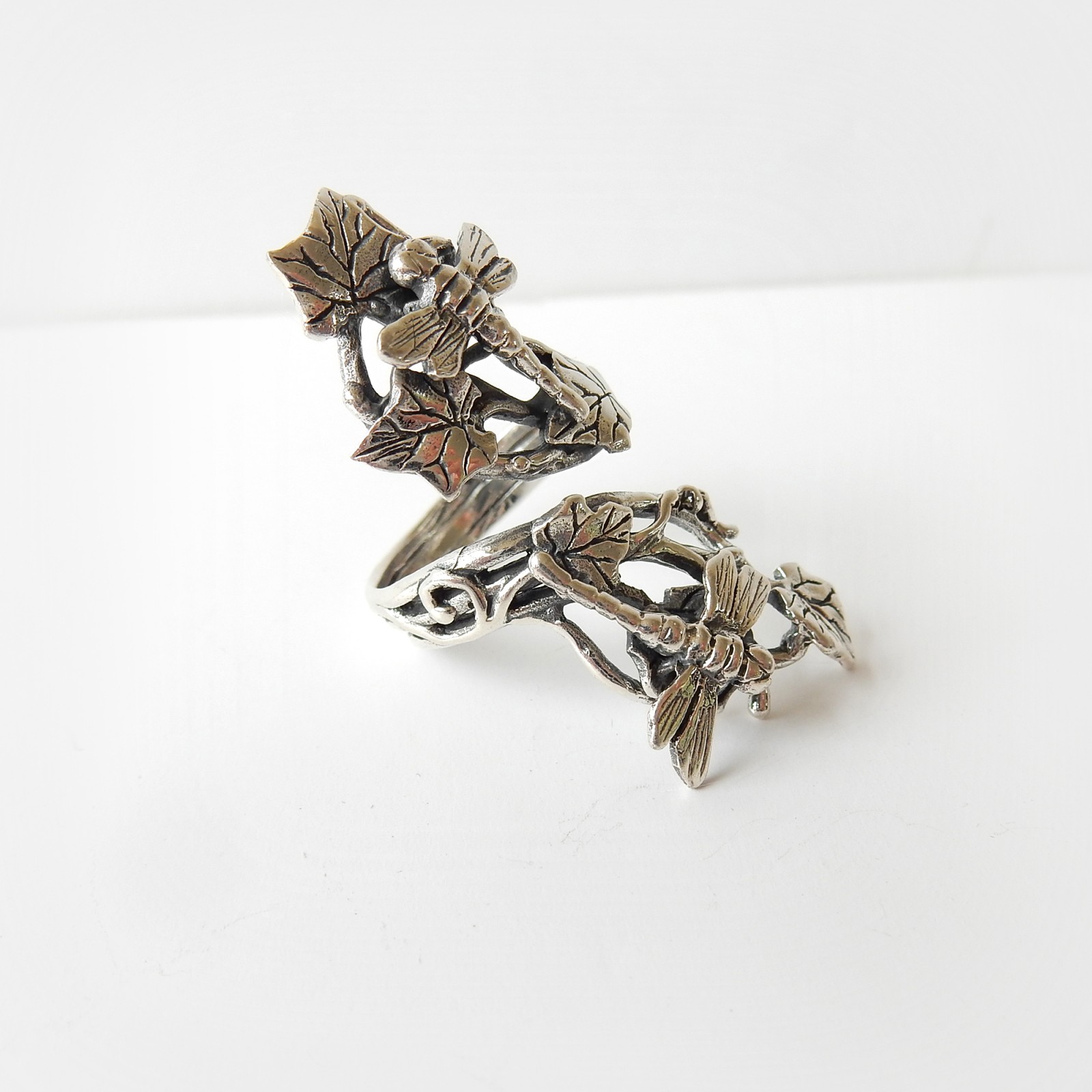 Photo of Vintage Art Nouveau Dragonfly Vine Leaf Ring Solid Silver Adjustable Ring