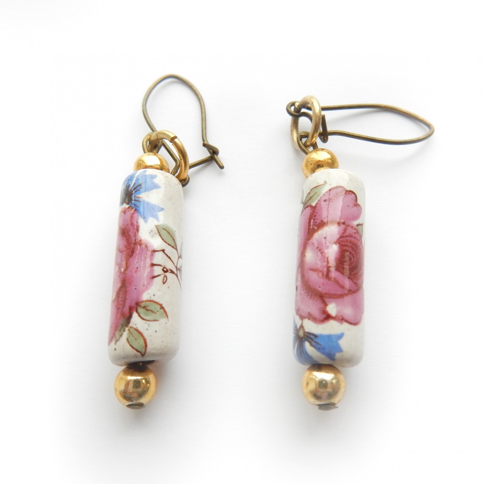 Photo of Vintage China Painted Rose Ceramic Earrings