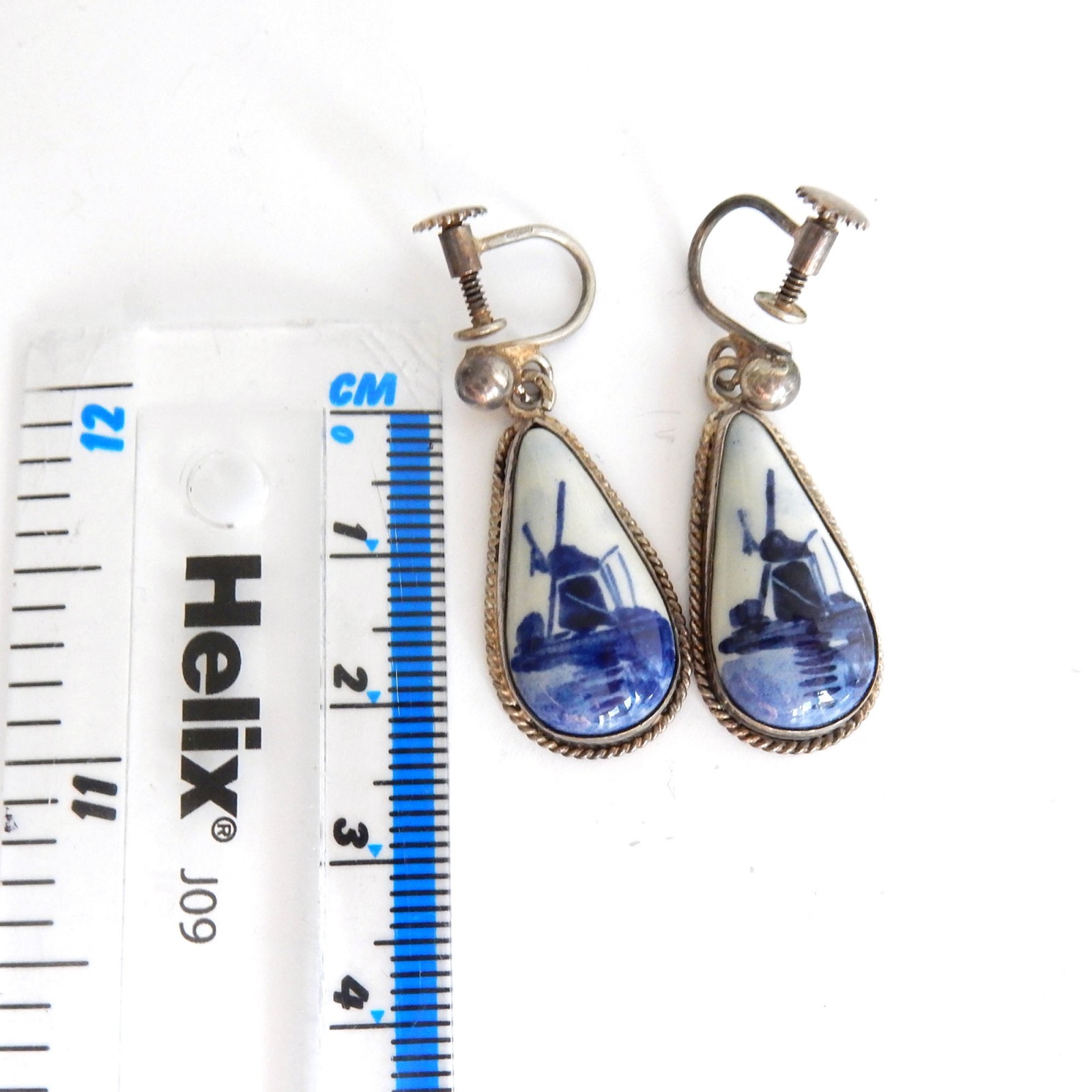 Photo of Vintage Delft Dutch Pottery Droplet Earrings Signed