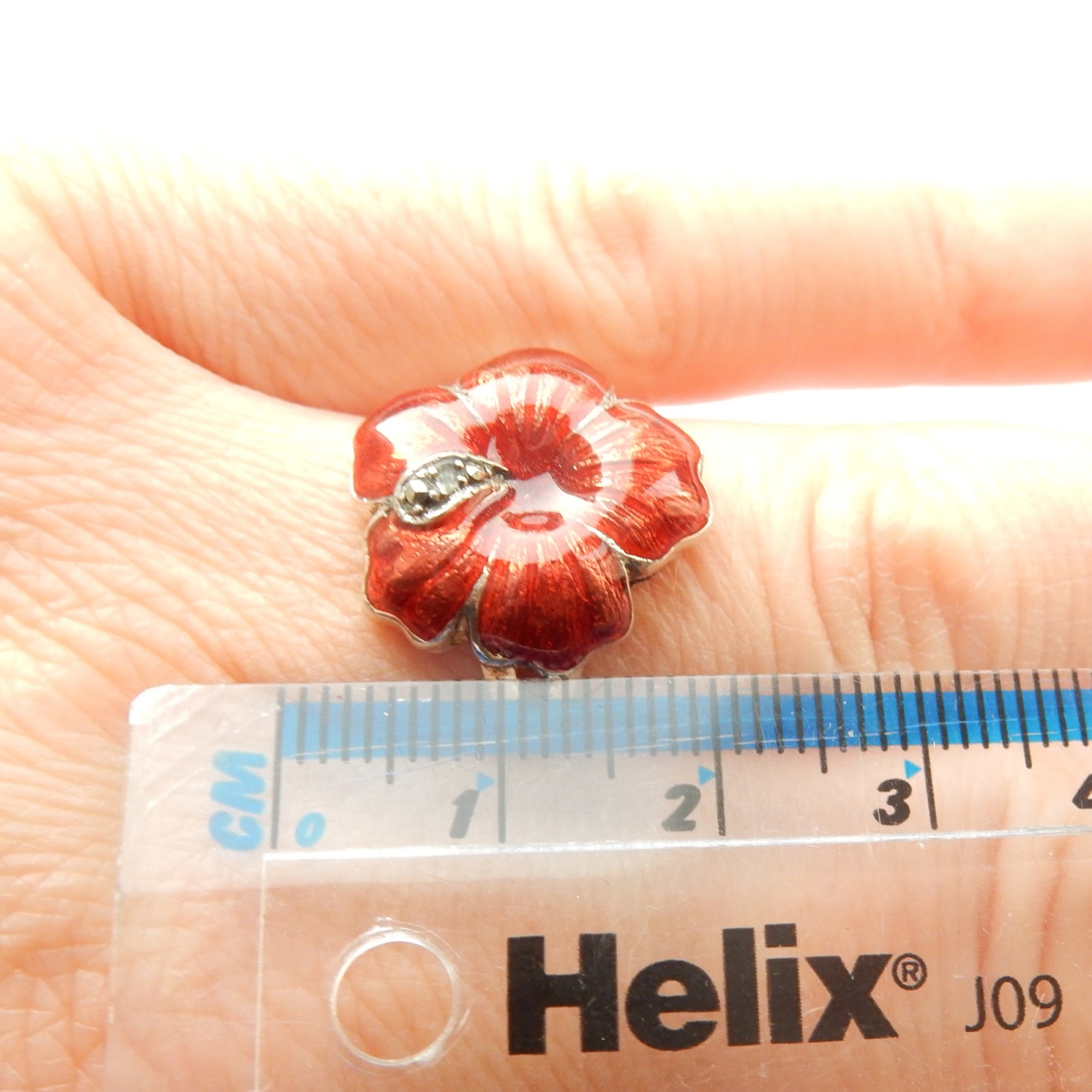 Photo of Vintage Enamel Red Flower Ring Sterling Silver Marcasite