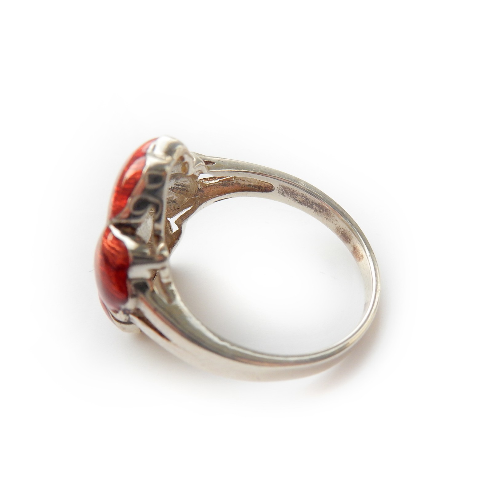 Photo of Vintage Enamel Red Flower Ring Sterling Silver Marcasite