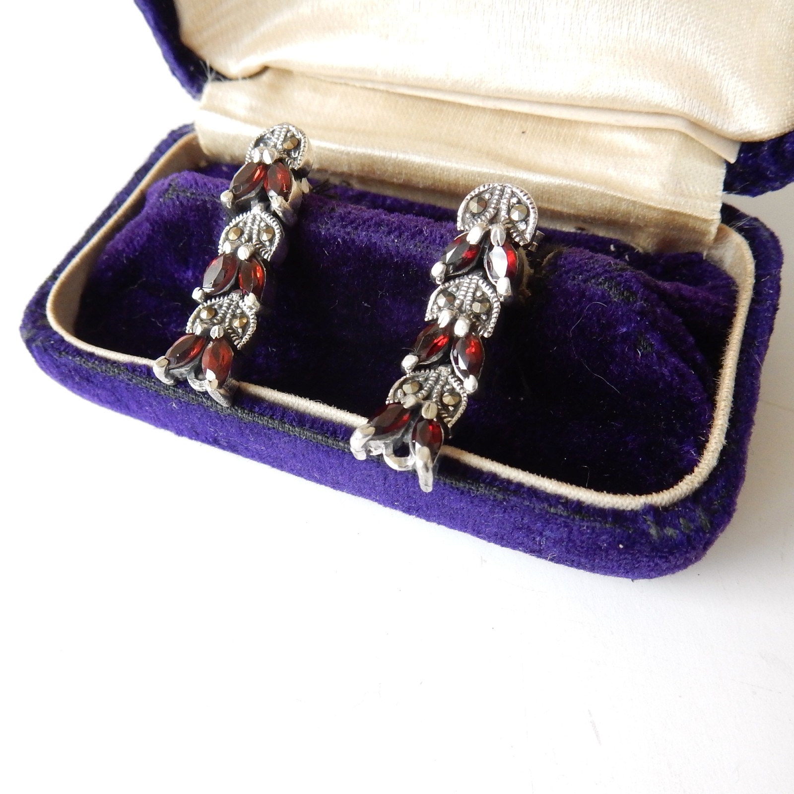 Photo of Vintage Garnet Marcasite Earrings Solid Silver