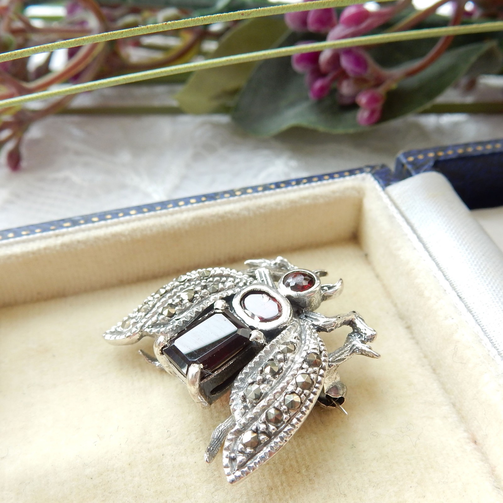 Photo of Vintage Garnet Marcasite Insect Bug Brooch Sterling Silver January Birthstone
