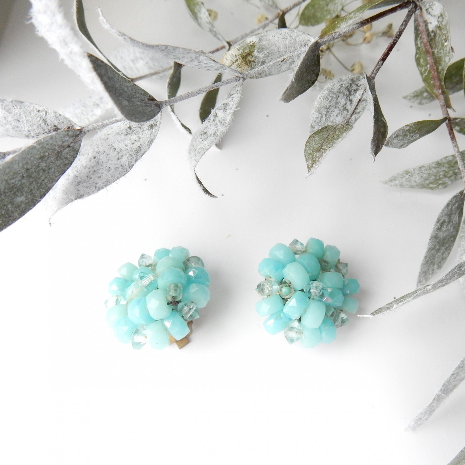 Photo of Vintage Hand Made Turquoise Crystal Bead Clip on Earrings West Germany