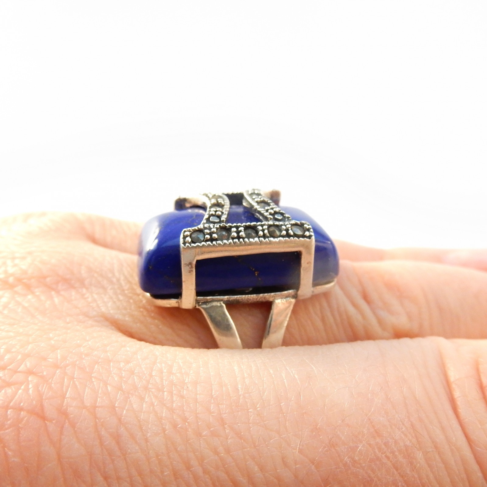 Photo of Vintage Lapis Lazuli Art Deco Marcasite Ring Sterling Silver