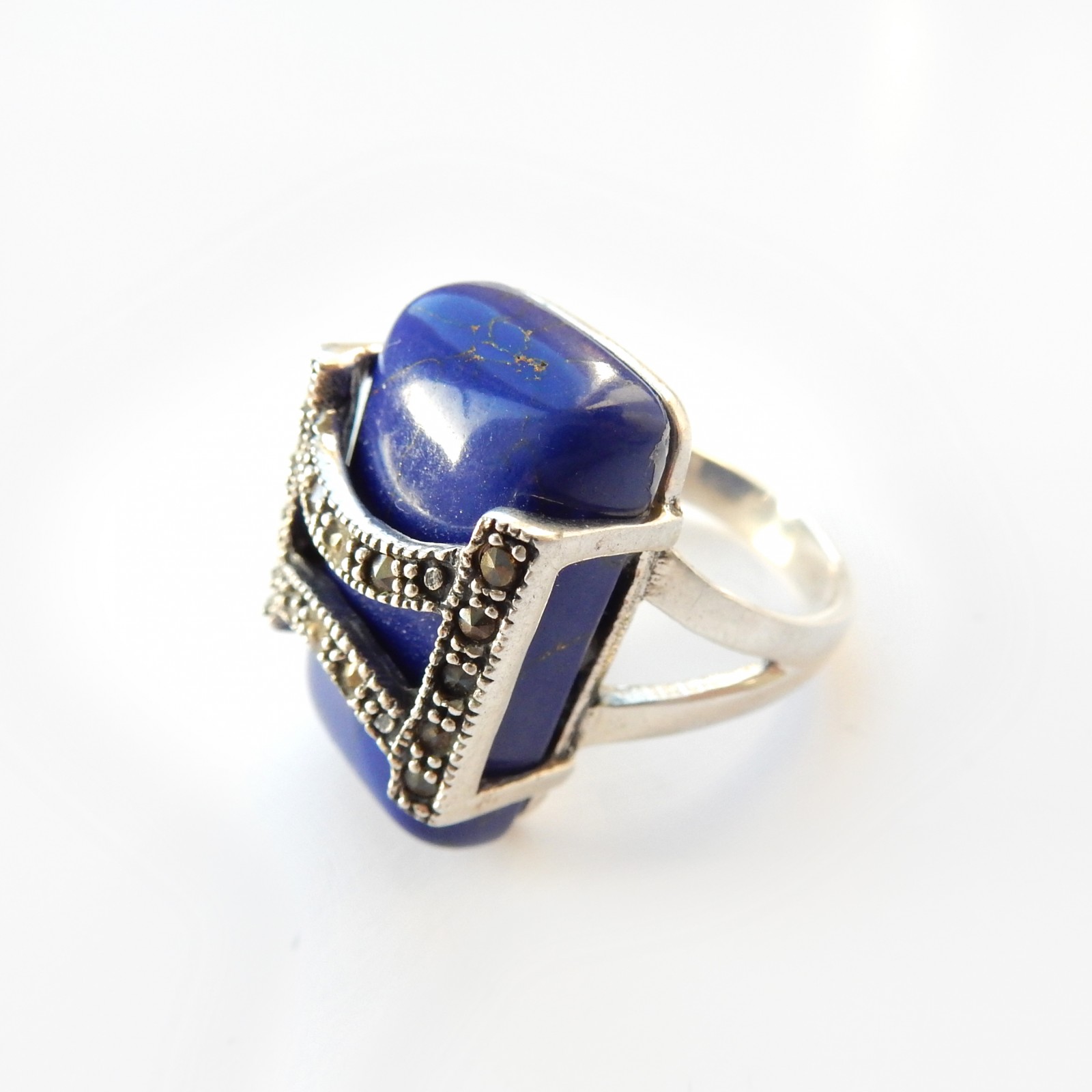 Photo of Vintage Lapis Lazuli Art Deco Marcasite Ring Sterling Silver