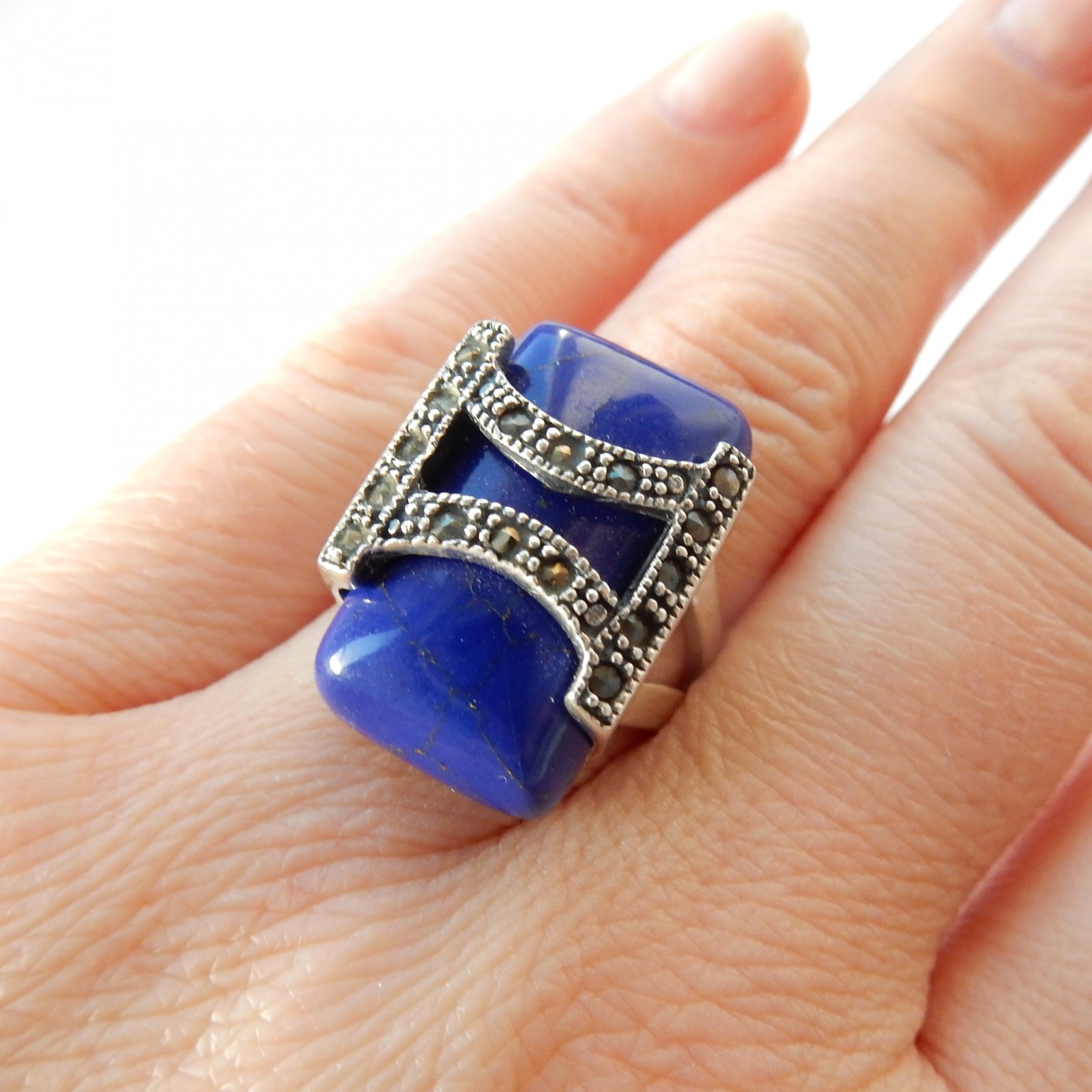 Photo of Vintage Lapis Lazuli Art Deco Marcasite Ring Sterling Silver