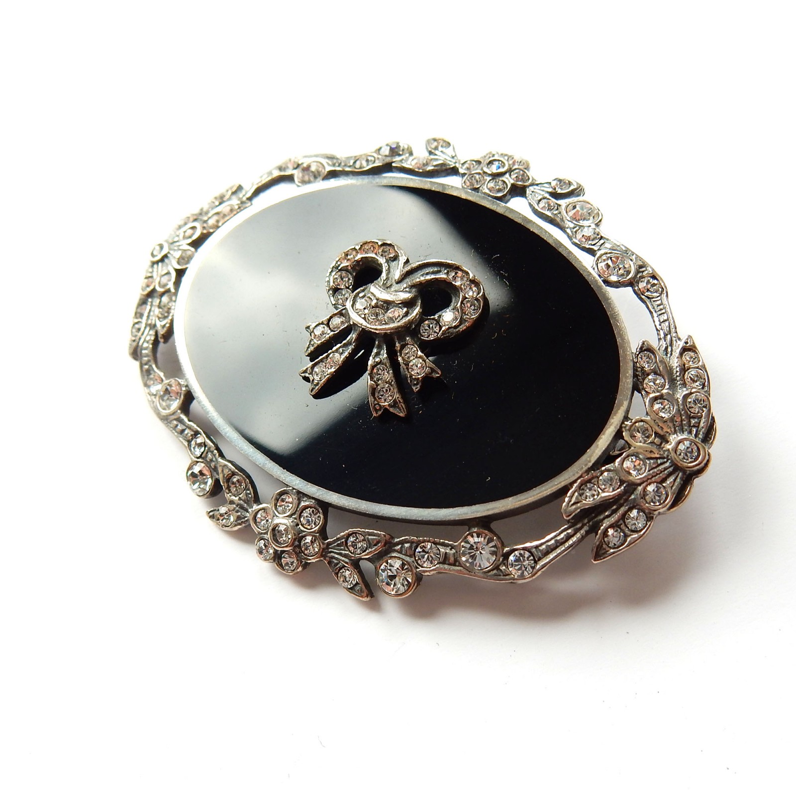 Photo of Vintage Sterling Silver Enamel Cubic Zirconia Ribbon Bow Brooch Pin Belle Epoque