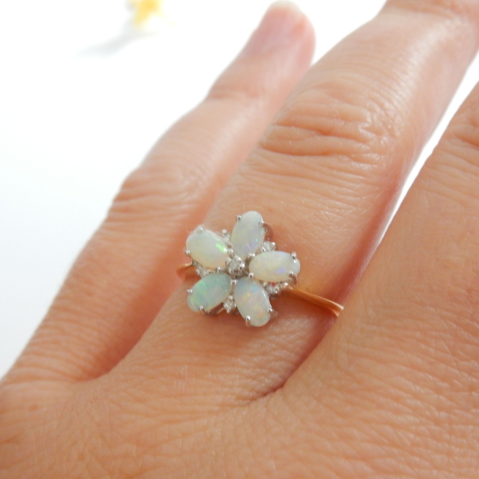 Photo of Vintage Vermeil Gold Opal Diamond Flower Ring Sterling Silver Ring Size 6 3/4